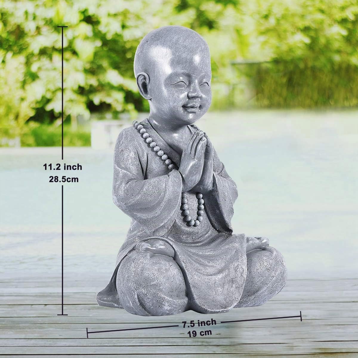 Goodeco Statue de jardin en méditation - Bouddha zen - Statue de moine - Pour intérieur et extérieur - Décoration pour maison, terrasse, véranda, cour - Polyrésine - 28,5 cm (gris pierre)