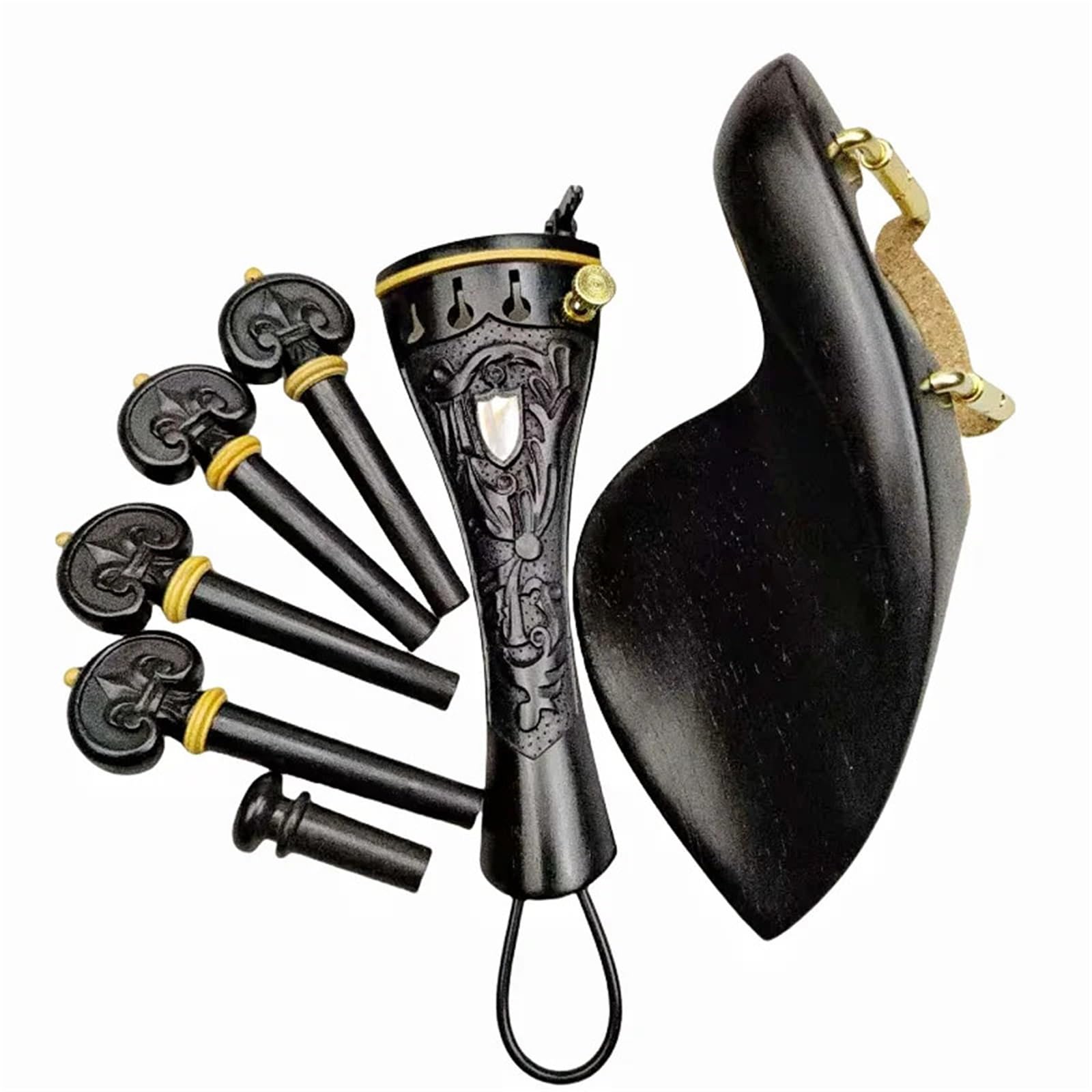 Piroli Accordatura Violino Set di ebano con motivi intagliati, accessori for violino, pirolo, cordiera, mentoniera, puntale, vite installata, accordatore fine, budello