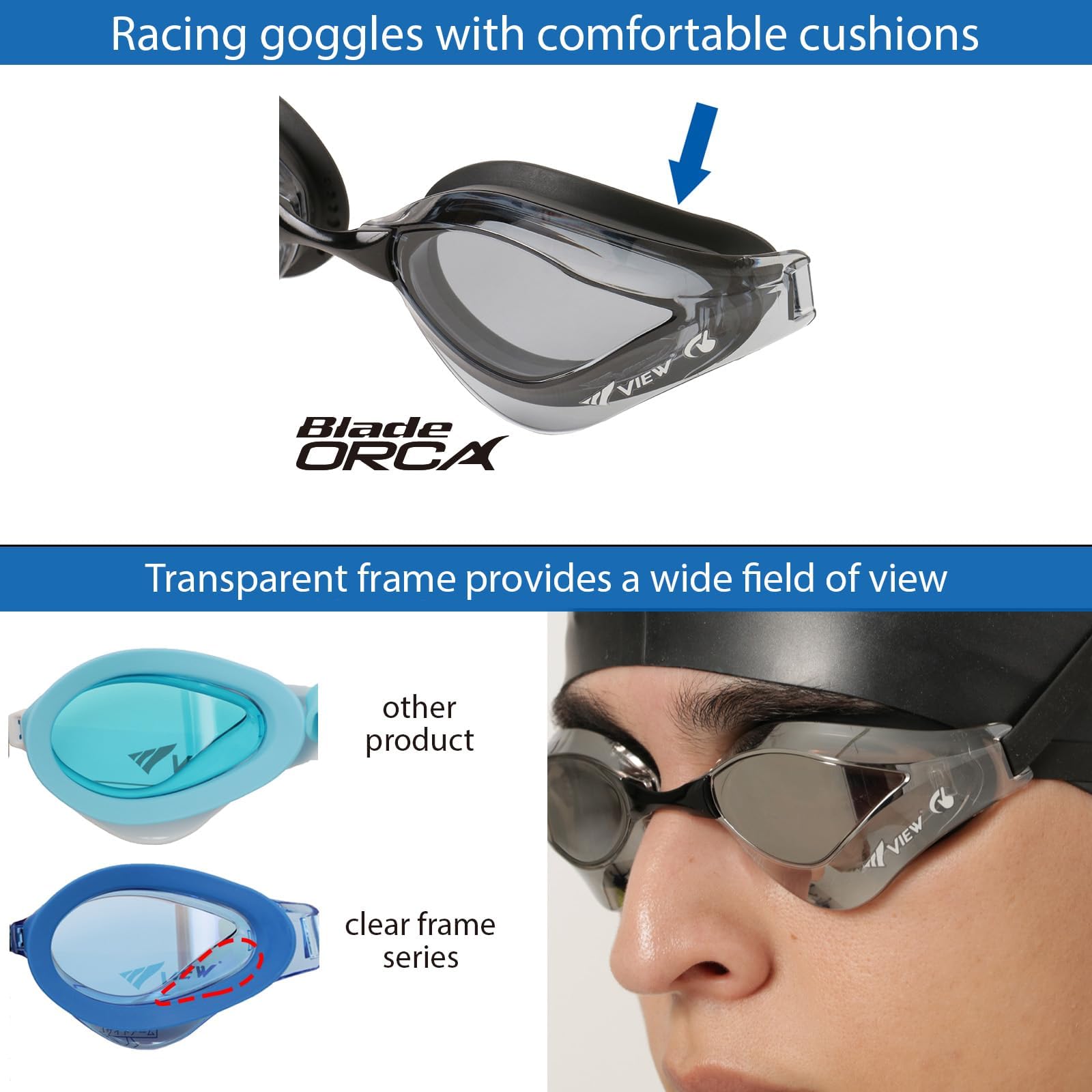 VIEW Swimming Gear V-230ASA Blade Orca SWIPE Racing Schwimmbrille, Blau
