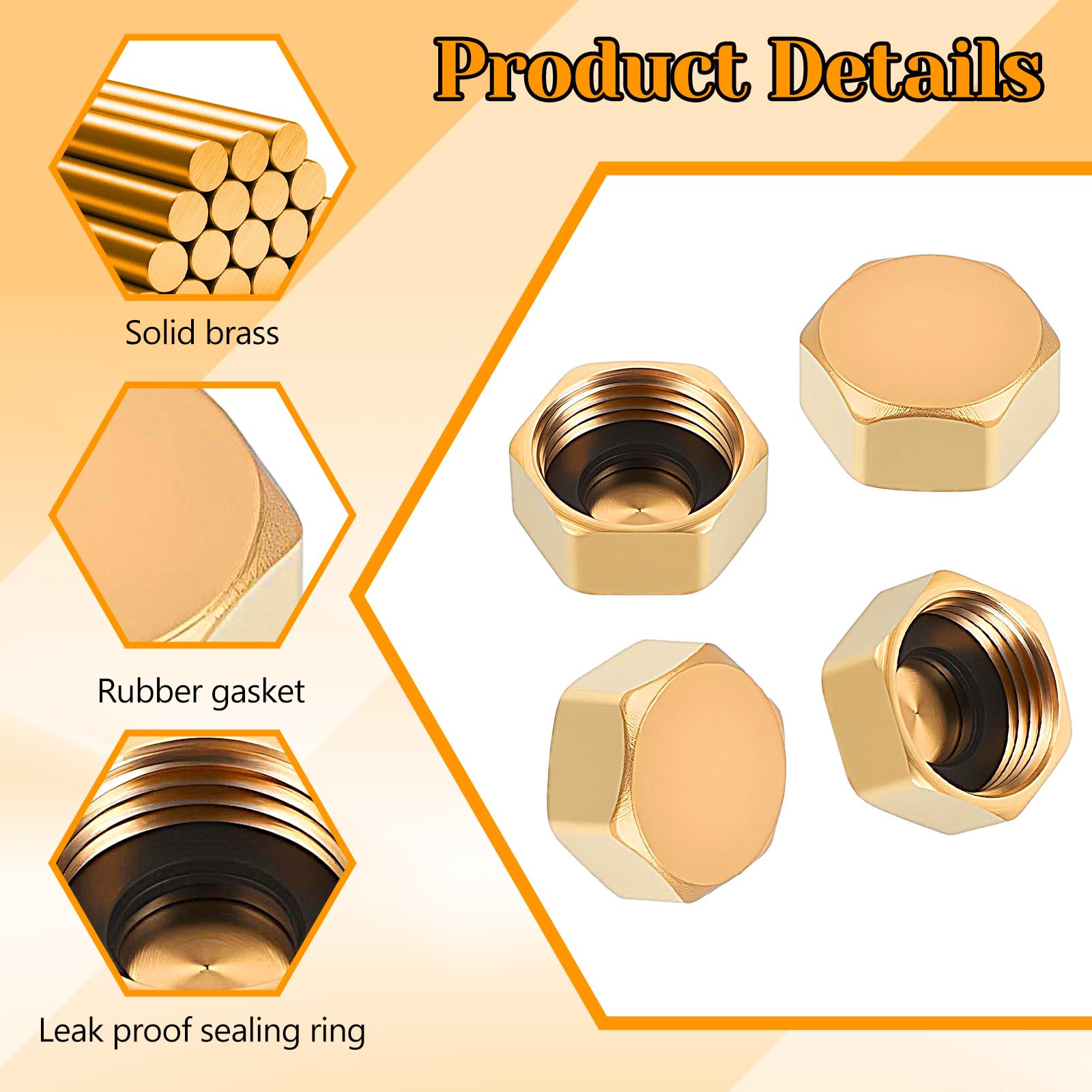 Piriuuo 4 sztuki mosiężna nasadka 12,70 mm (1/2’’), nakrętka zaślepiająca 12,70 mm (1/2’’), zaślepka, nasadki do węży, mosiężna nasadka sześciokątna, nasadki do węży, gwint wewnętrzny, nakrętka