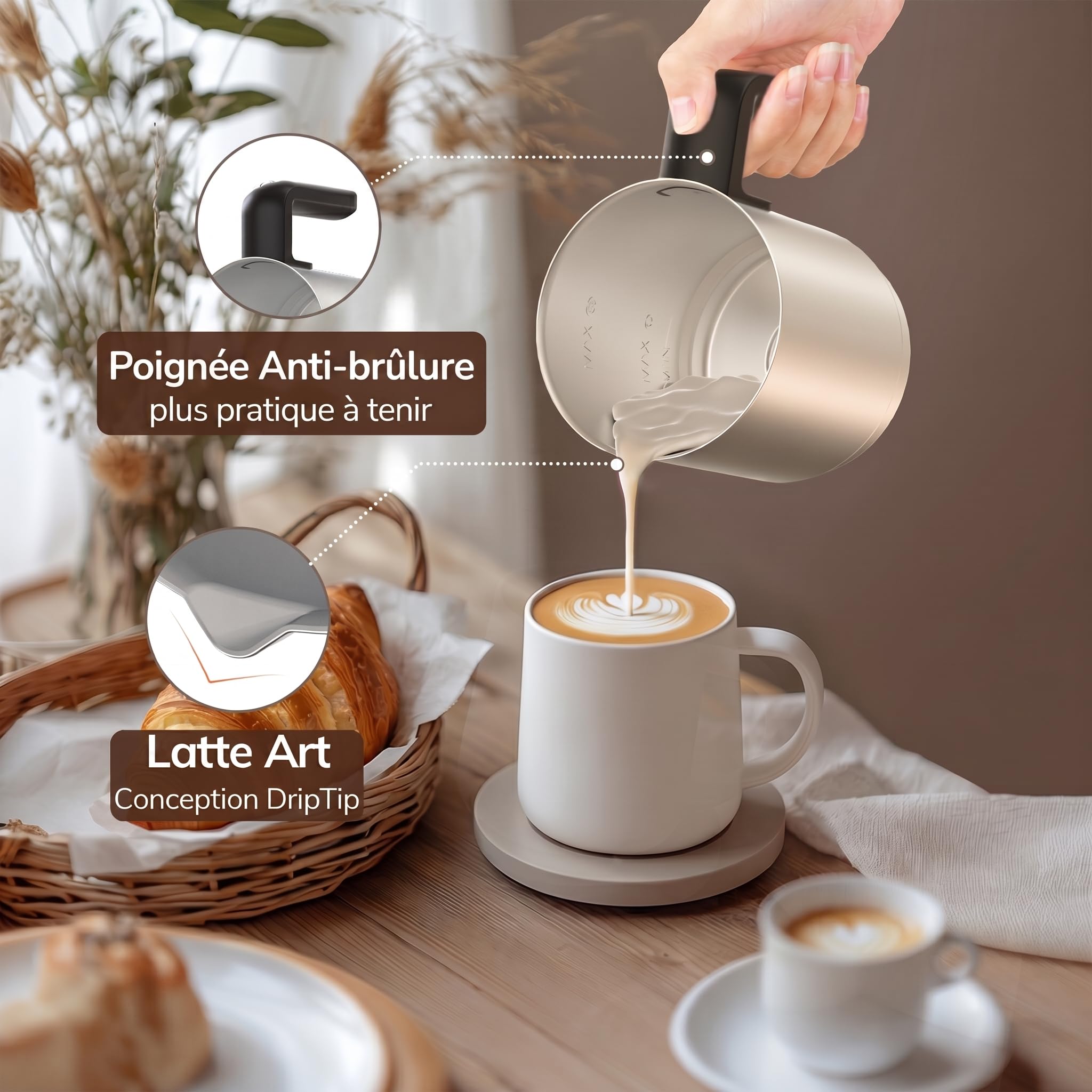 Morpilot Mousseur à Lait Électrique 6 en 1, 500ml 600W à Mousse Chaude Froide, Cacao, Lave-vaisselle Emulsionneur de Lait Divisé en Acier Inoxydable pour Cappuccino Macchiato Latte