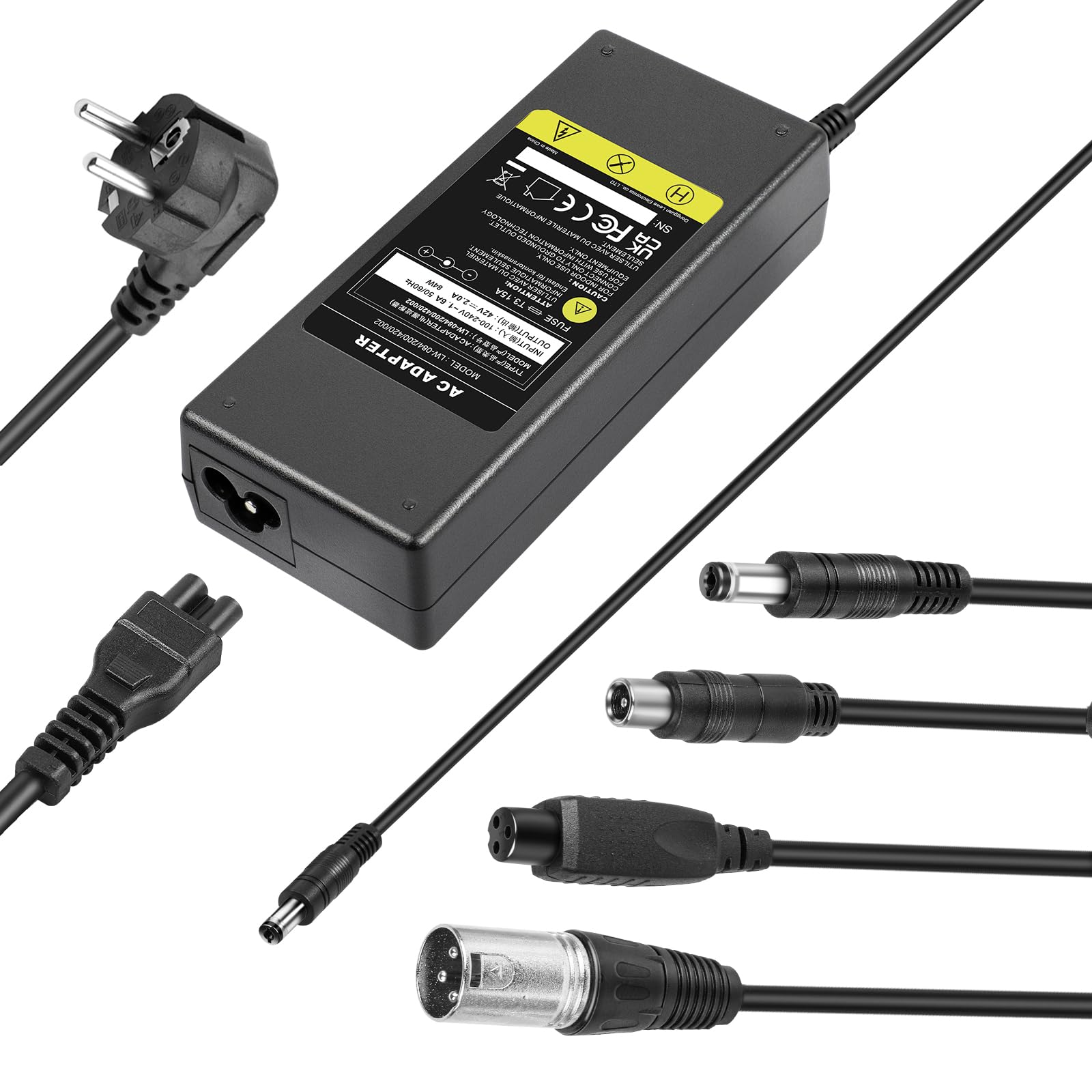 LabTEC Caricabatterie bici elettrica 42V 2A per 36V 2A 10S batteria Li-on Caricatore Monopattino, Adattatore bici Elettrica Hoverboard Scooter Ninebot Xiaomi 365 4 in 1 Universale Connettori