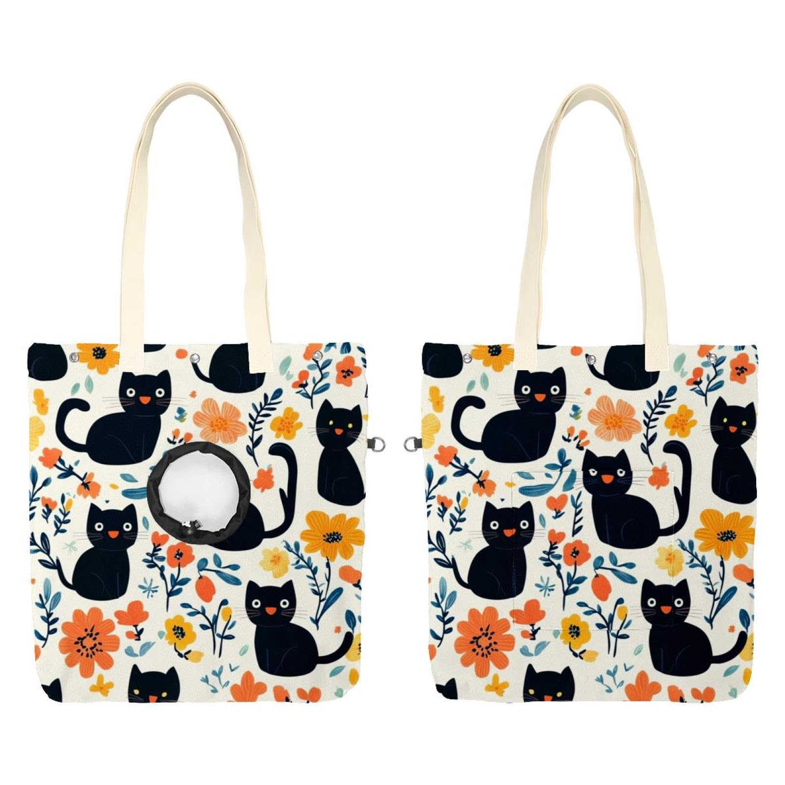 Sac à bandoulière de transport pour chat style bohème fleurs noires (43cm)