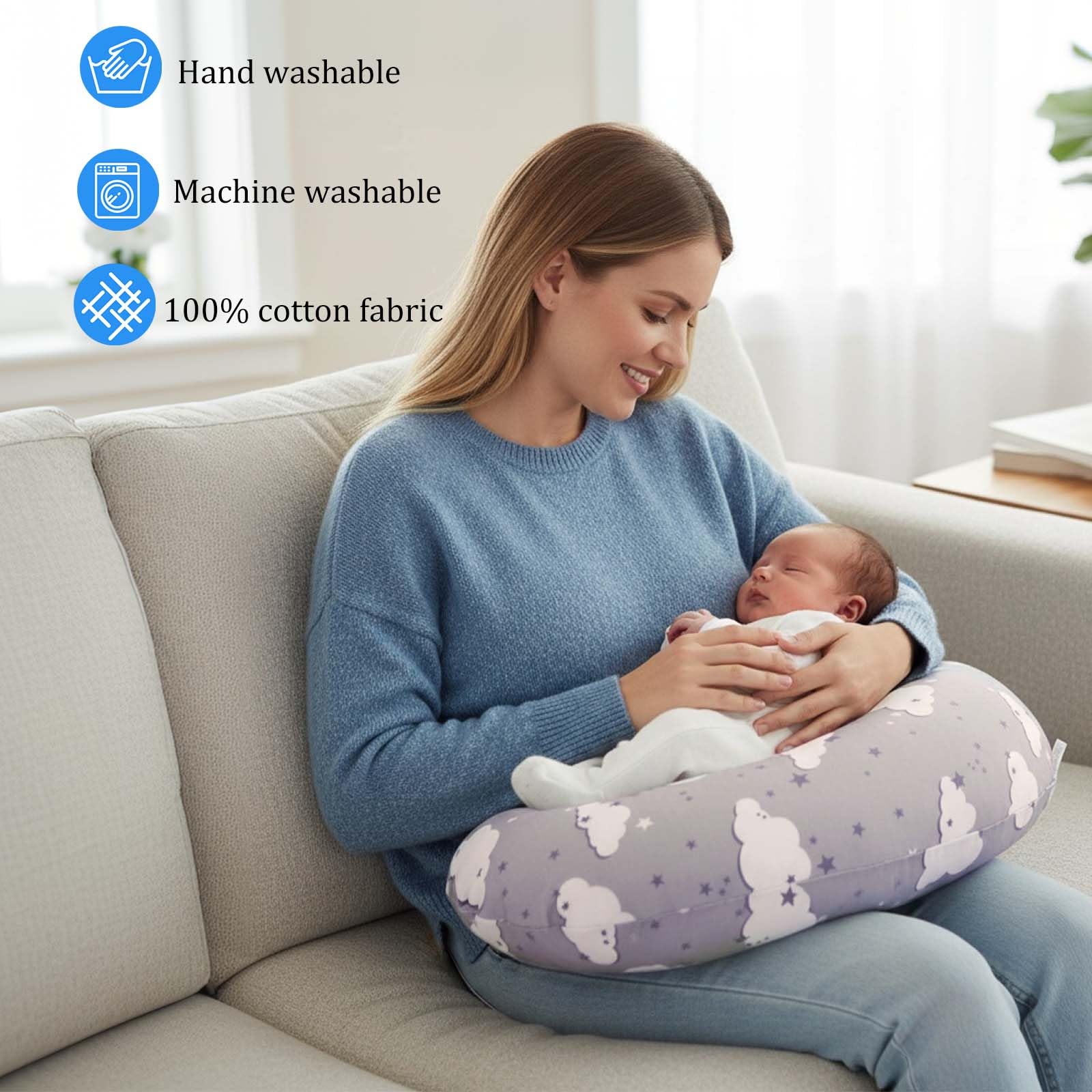 SHANNA Coussin d'allaitement en Coton, Coussin de Grossesse Multifonctionnel pour Maman et Bébé, Remplissage en Fibres, Soutien Ergonomique (Motif 2 Nuages et Étoiles)