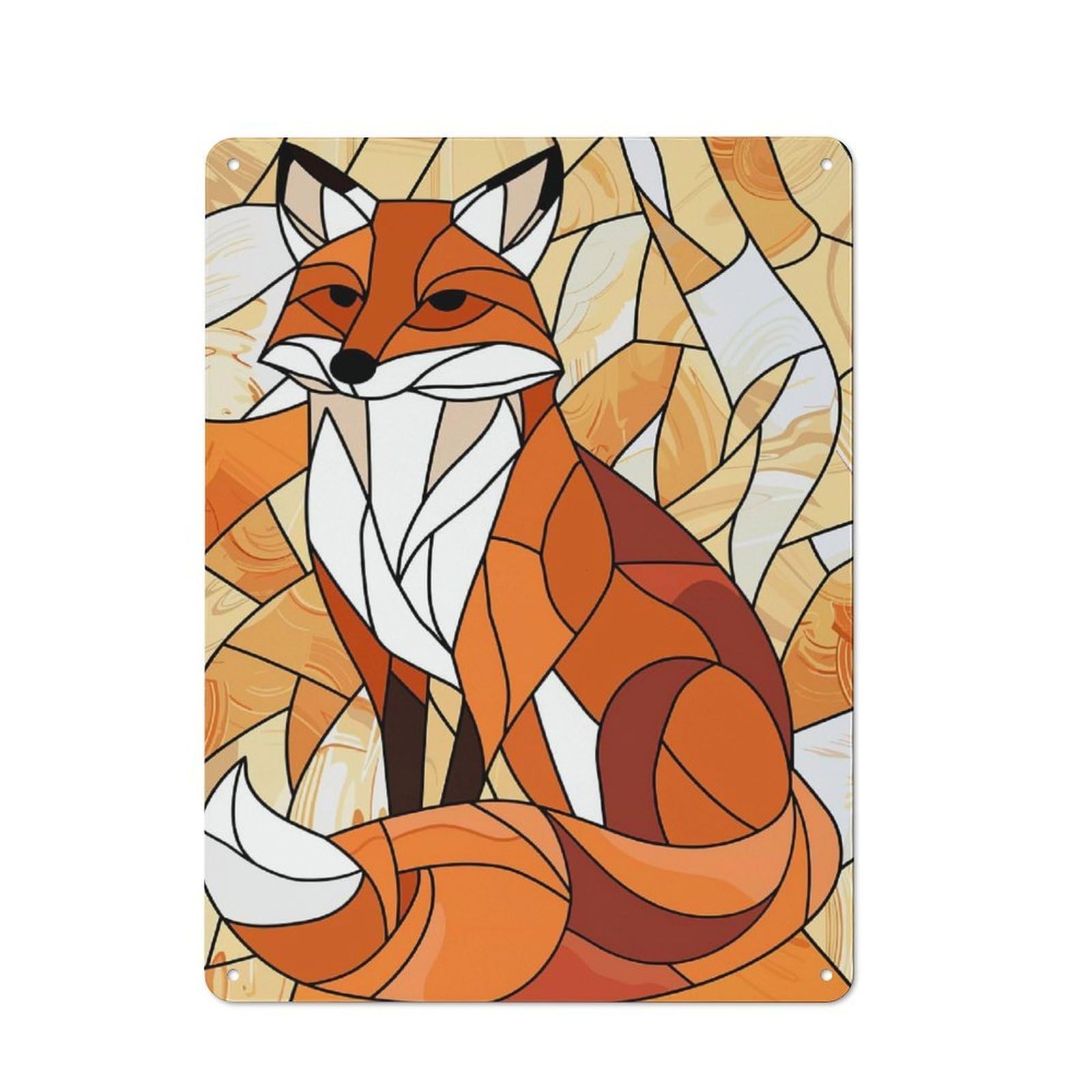 Junmoney Style-4 Metal Sign 40X30cm With Stained Glass Fox Portrait For Hallway Wall, Retro Decor, Gift For Hallway Decor Lovers During The Christmas Season