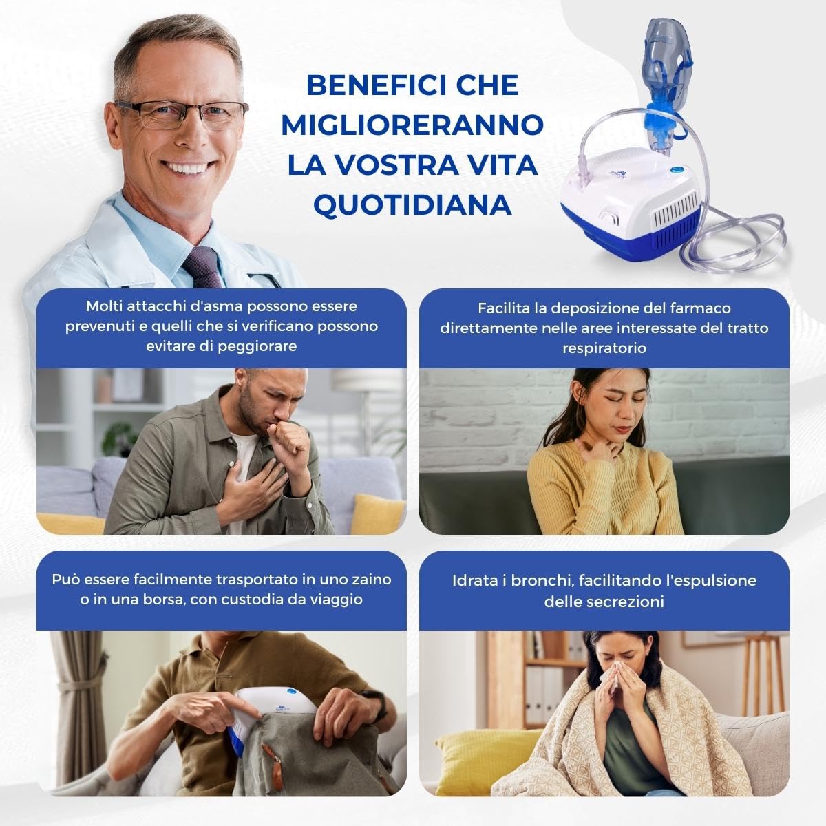 Mobiclinic®, Aerosol con compressore, Neb-2, Portatile, Per bambini e adulti, Borsa da trasporto, Trattamento delle malattie respiratorie, Maschere di varie dimensioni, 5 filtri dell'aria
