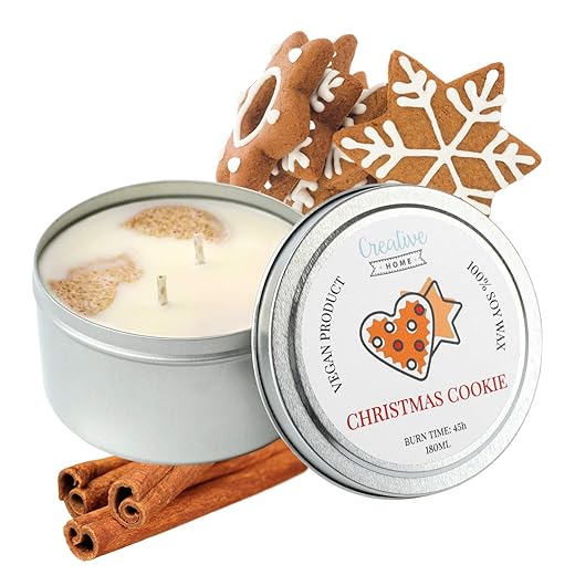 Creative Home Weihnachten Cookies Sojawachs Duftkerze | 45 Stunden Brenndauer | 100% Vegan in Dose | 180 ml Bio Aromatische Kerzen | Geschenke Duftkerzen | Entspannungs Deko oder Candle Geschenk