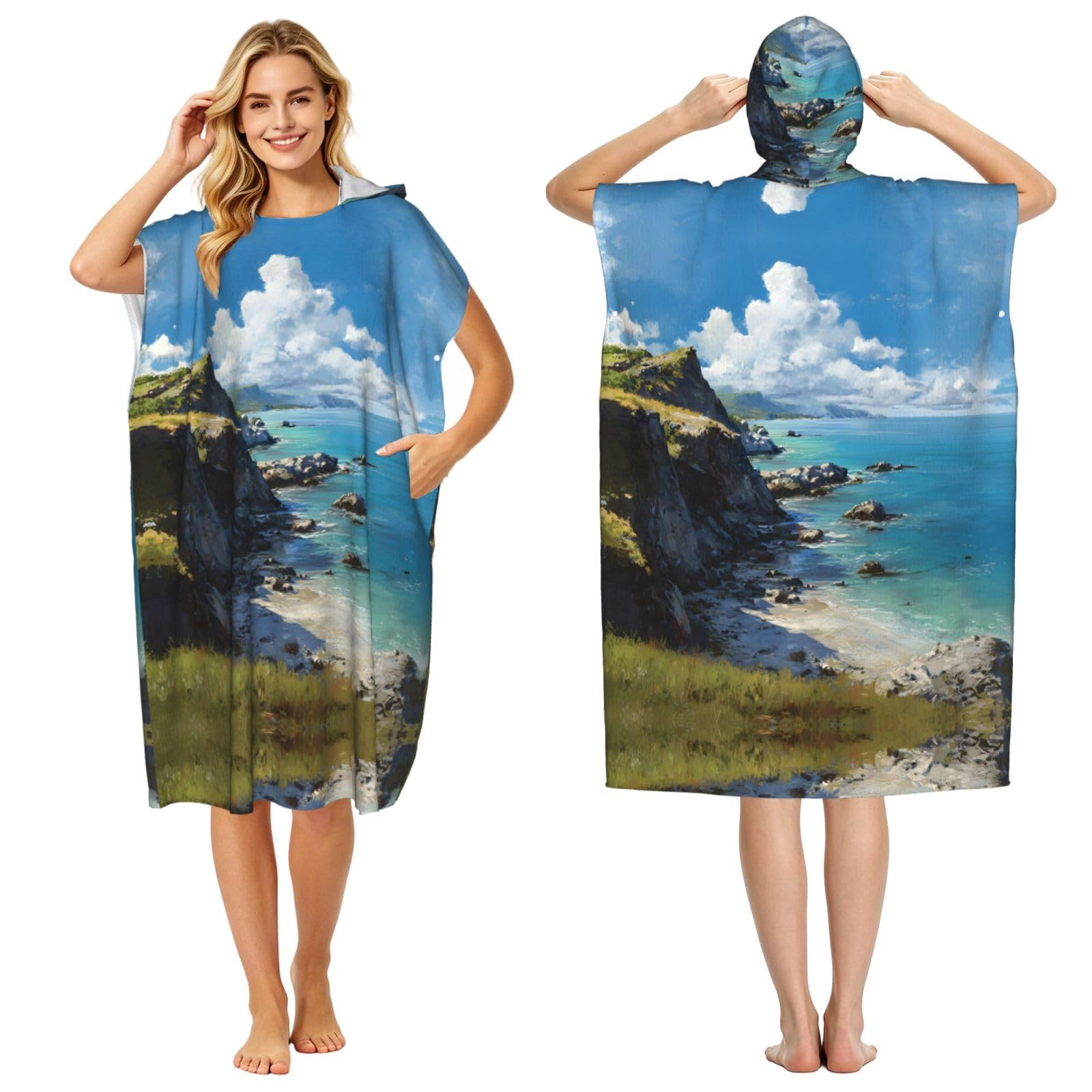 ESNAIUVCD Coastline Print Changing Robe, Hooded Towel Poncho For Swimming Pool, Beach,Quick Dry Light Weight Towelling Poncho