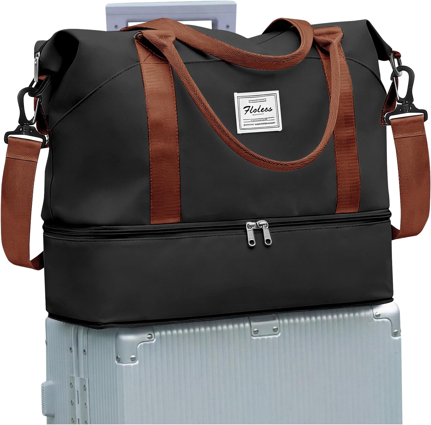 Travel Duffel Bag Weekend Bag with Trolley Sleeve,Ryanair Cabin Bag 40x30x20 Duffel Bag Wizzair,Dry & Wet Seperated Sports Gym Bag Waterproof Carry On Bag for Women Men Hospital Tote(Black Brown)