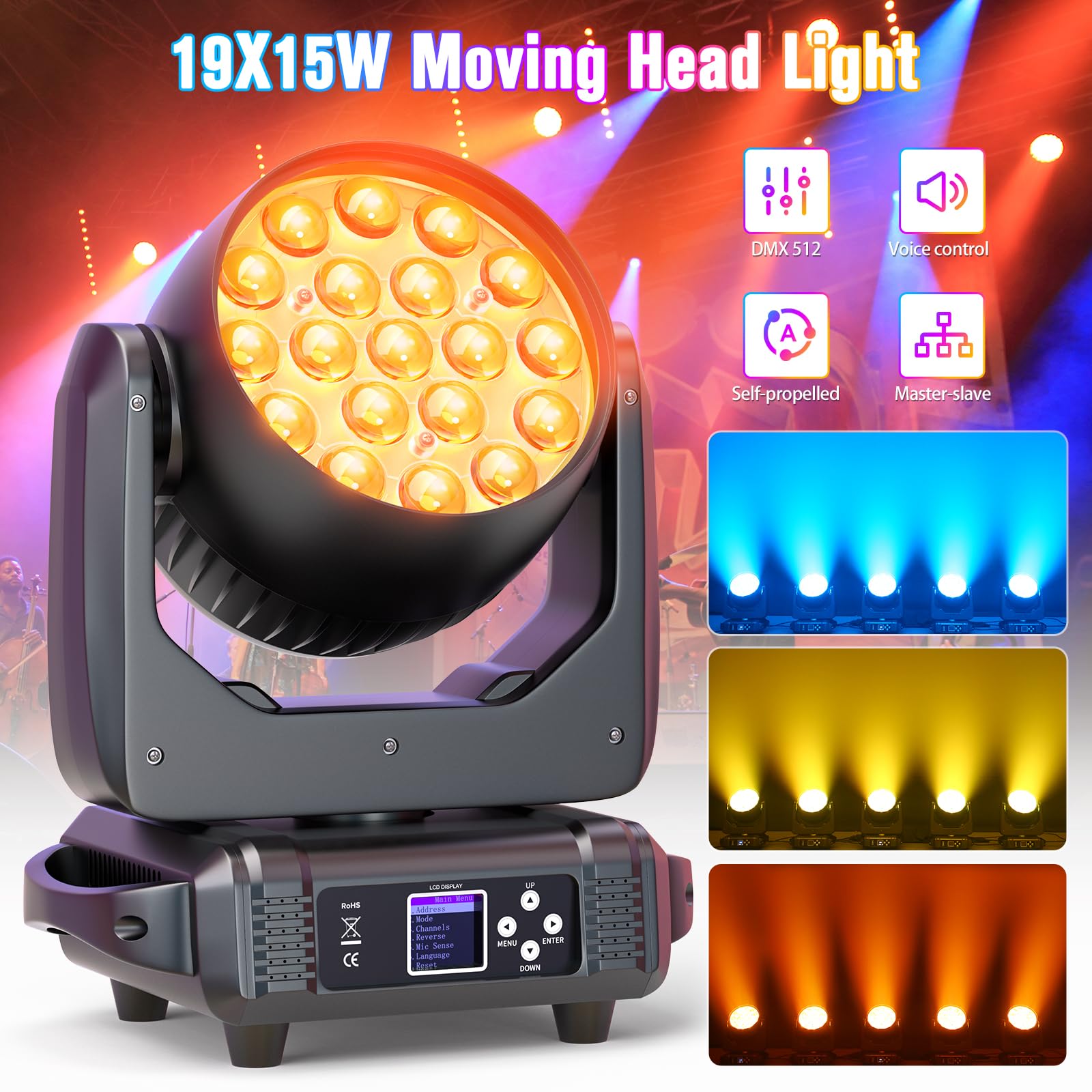 2 Pezzi con Flight Case 19x15W Teste Mobili LED Luci da Palco, 4 in 1 Luci da Palcoscenico, dmx512 Beam Zoom Luci da Discoteca professionale DJ luci per Festa, Matrimonio, Club e Spettacoli