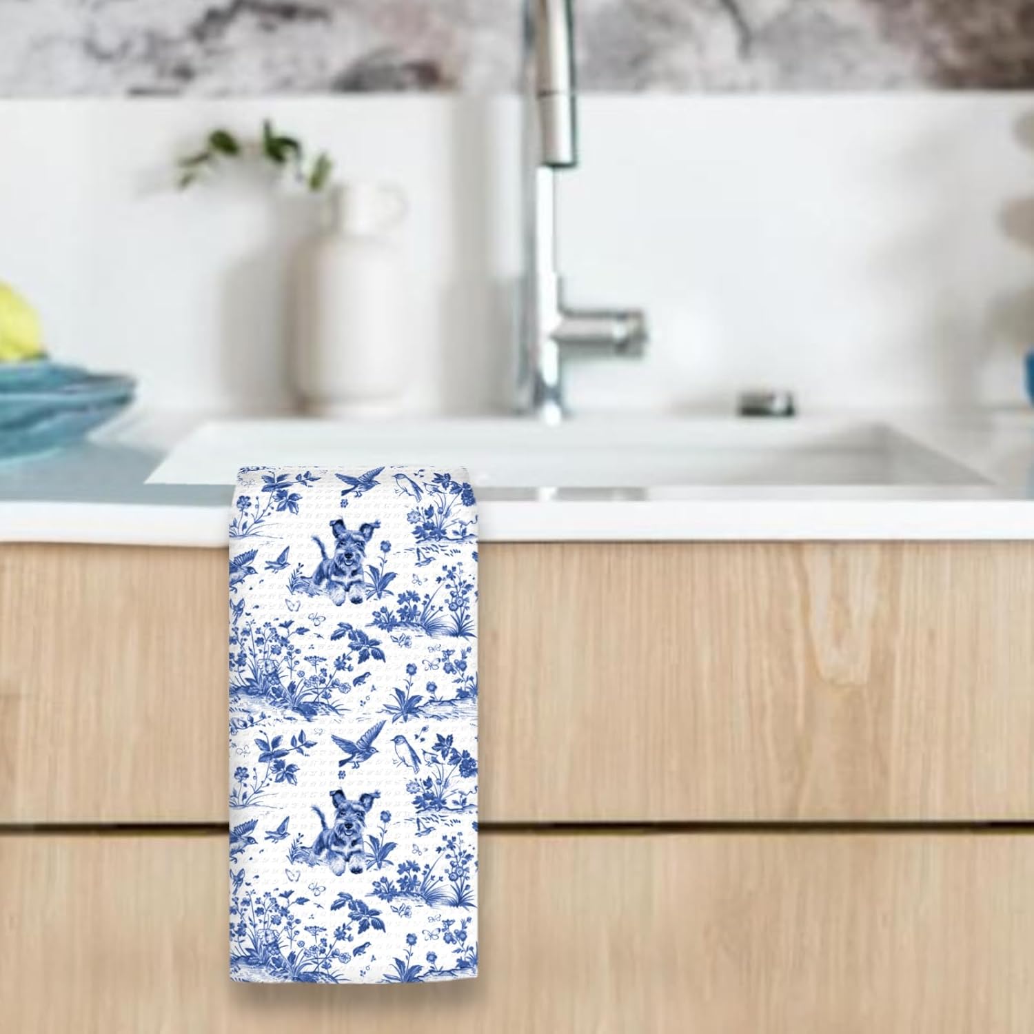 Grandmillennial Schnauzer Dog Kitchen Towels, Blue Dogs Hand Towels, Miniature Schnauzer Gifts for Women Decorative Dish Tea Towel for Kitchens, Chinoiserie Dog Bathroom Decor, 16x24In - Image 4