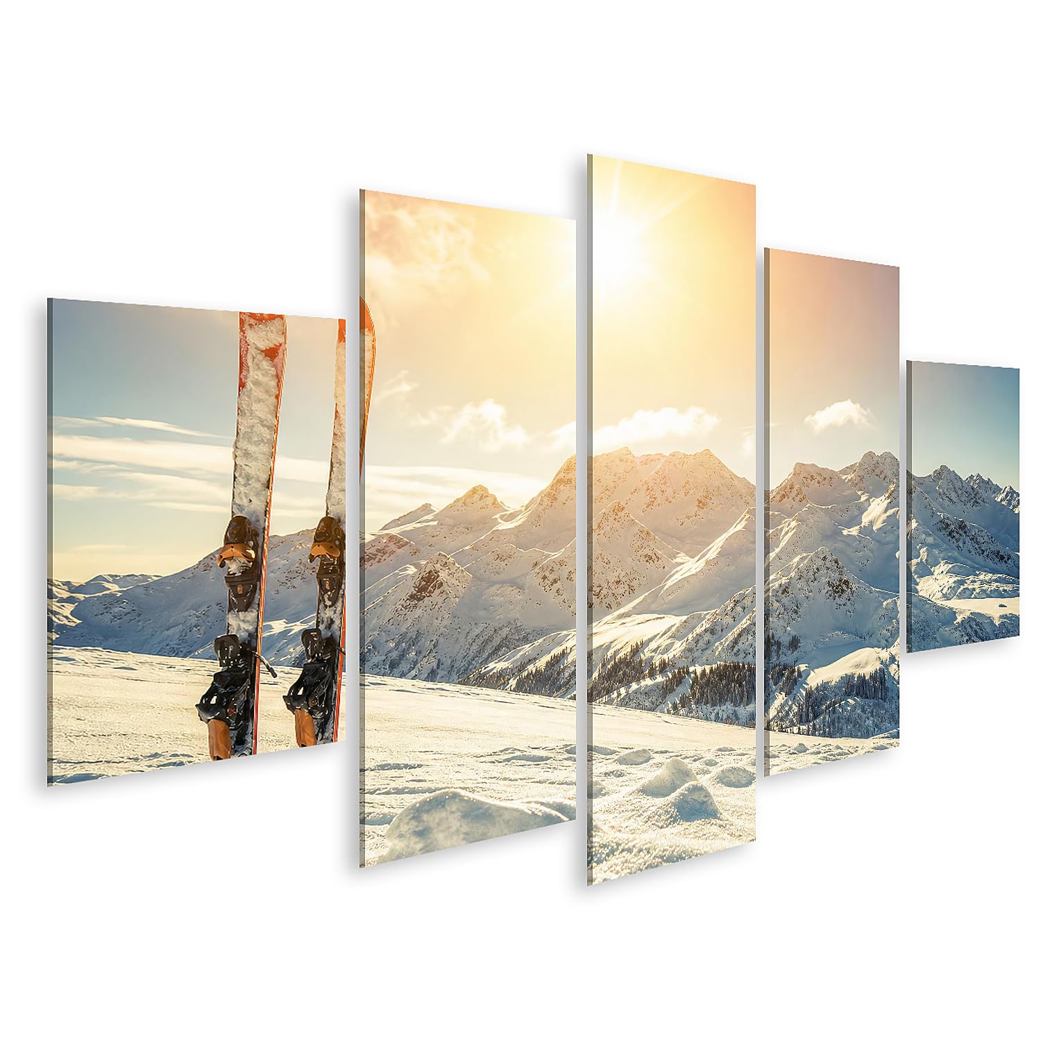 islandburner Bild auf Leinwand Majestätische Alpen Skier Wandbild Wohnzimmer Für Skifahrer und Naturliebhaber - 5-teilig