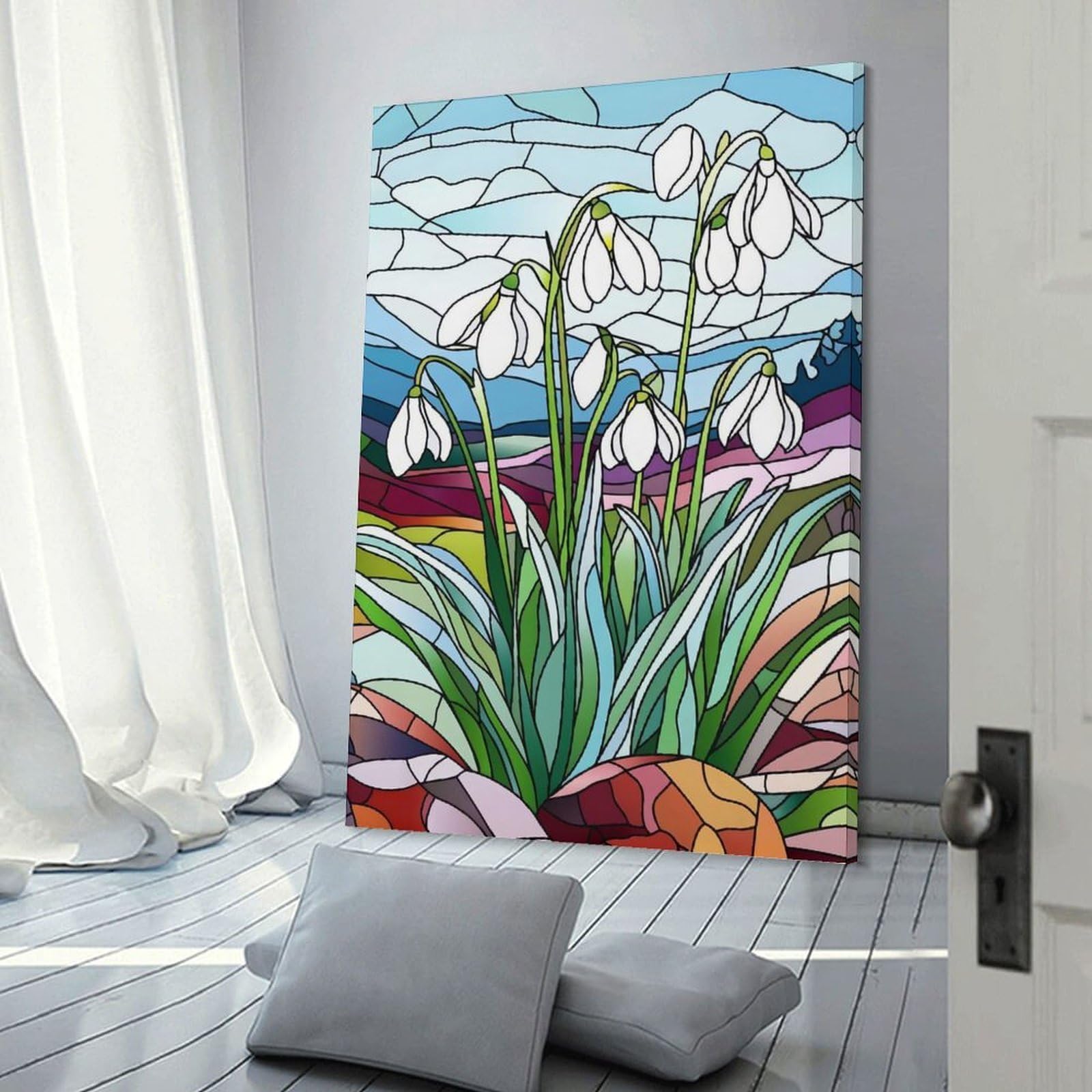 Junmoney Stained Glass Snowdrops Home Decor Wall Art, 12x18inch(30x45cm), for Flats, Guest Rooms Or Compact Rooms, Stylish Wall Art for Fresh Spaces