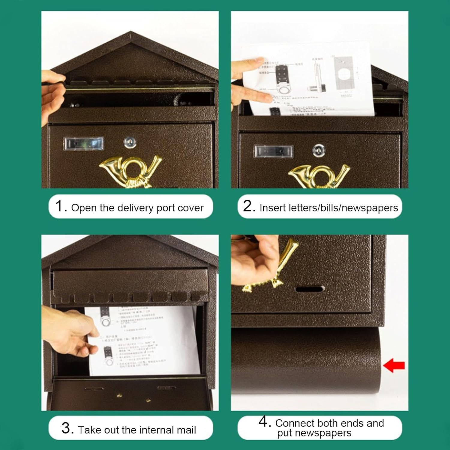 MELPHI Vintage Mail Box, Wall-Mount Mailbox with Slot Secure Lock for Anti-Theft, Large Capacity Mail Box, Metal Post Box for Outside, Home, Office Business