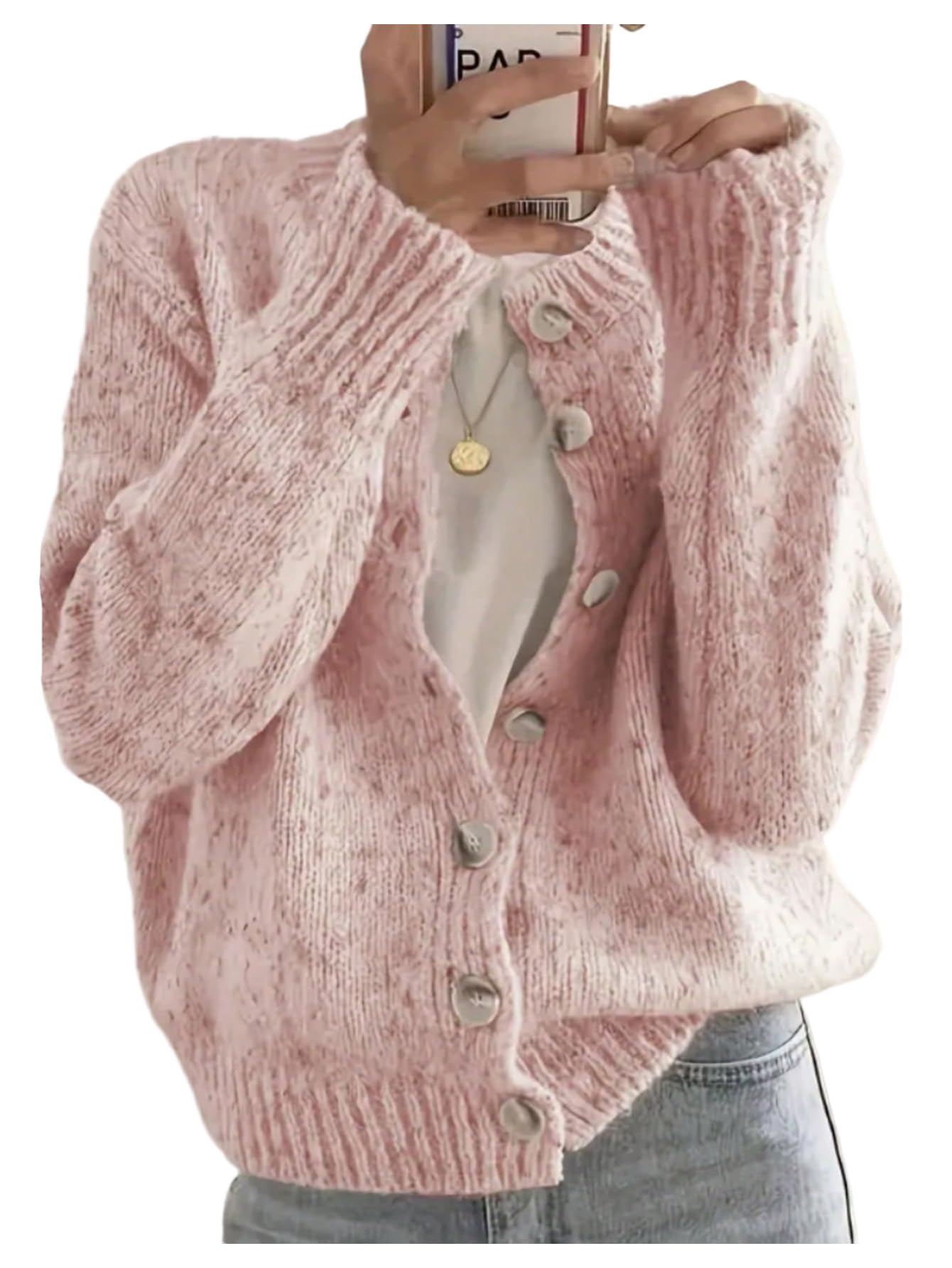 WDIRARA Womens Button Down Cardigan Sweaters Crewneck Long Sleeve Knit Outerwear Casual Knitwear