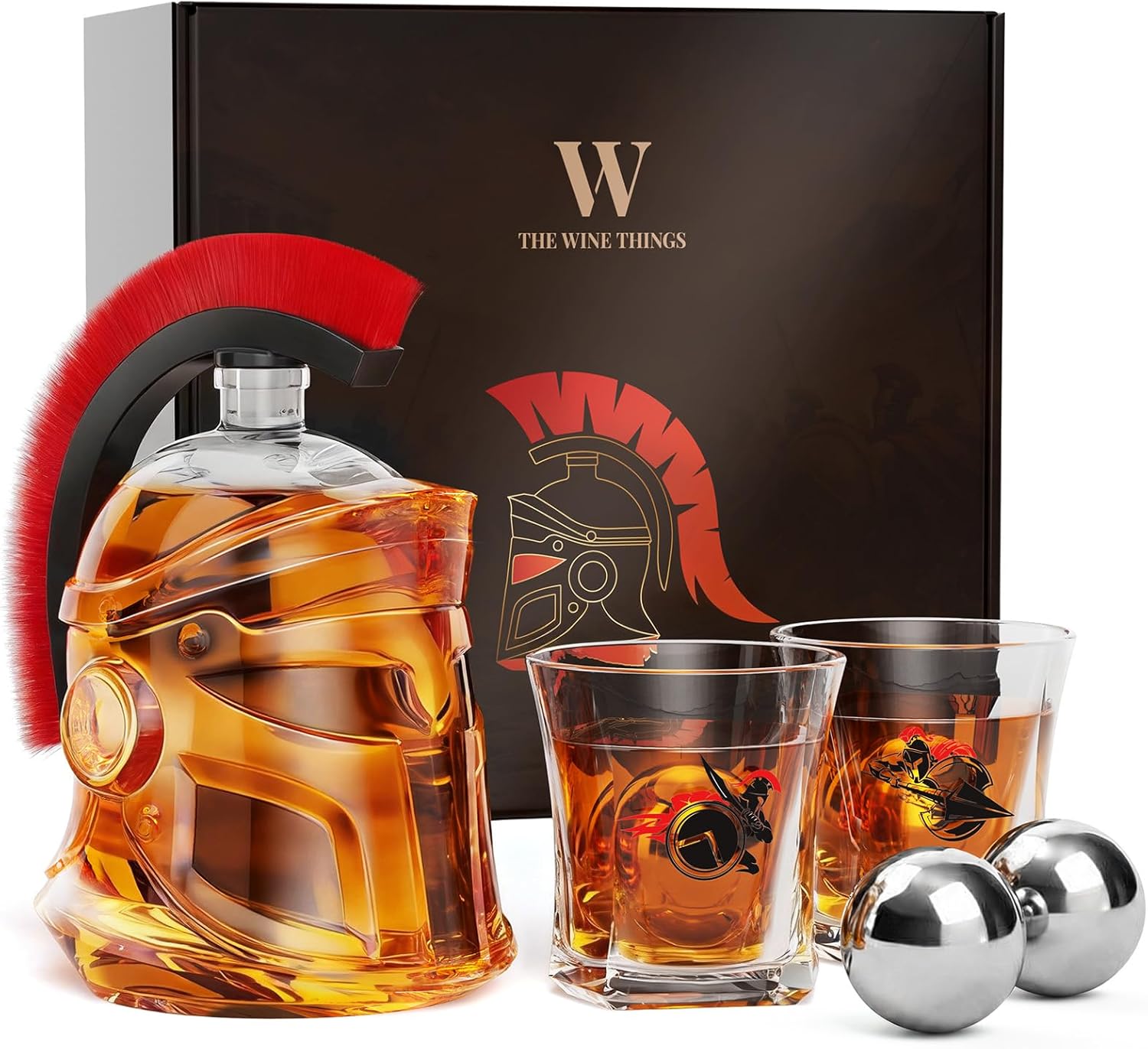 Whiskey Decanter Set, Gifts for Men, 34 Oz Spartan Helmet Liquor Dispenser with 2 Glasses & Ice Balls, Anniversary, Birthday Present for Husband, Dad, Him, Unique Home Bar Accessories