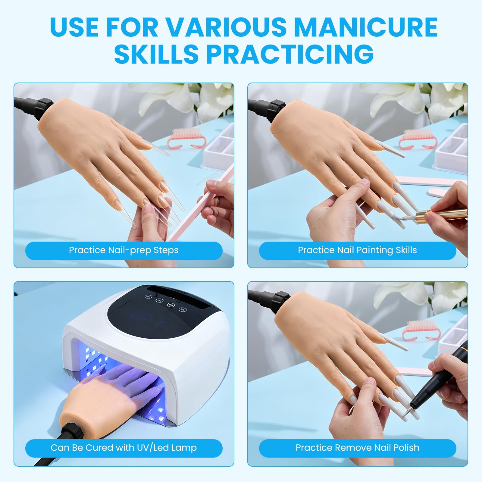 Yokilly Mano para Practicar Uñas: Silicona Mano de Practicas de Uñas - Flexible Mano Articulada Practicas Con 240 Puntas De Uñas/15 PCS Set de Nail Art Cepillo/Archivo De Uñas – Manicura De Uñas