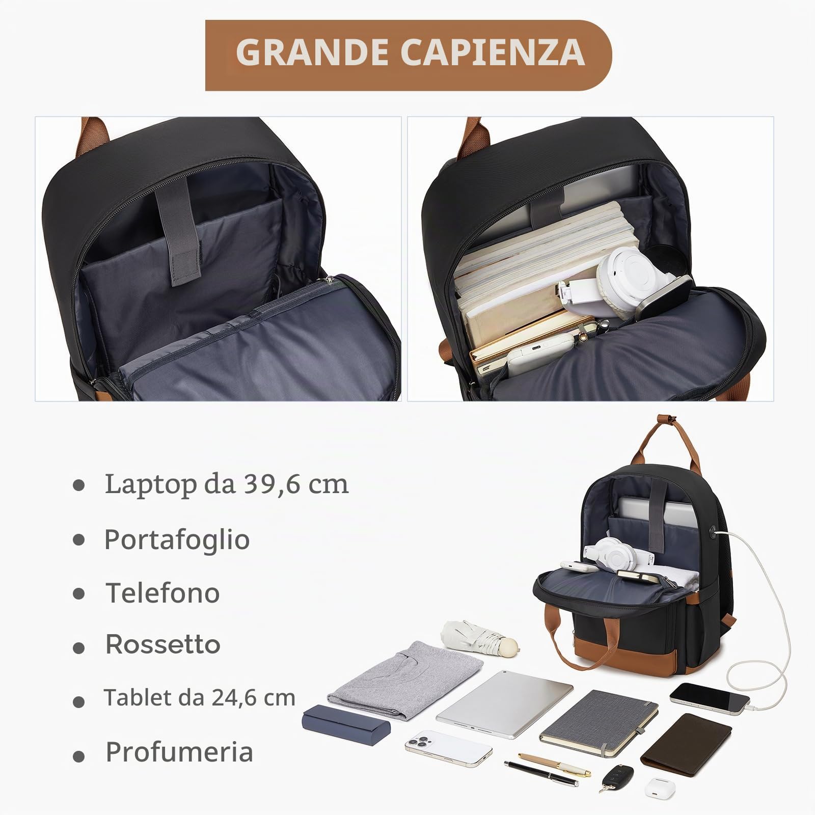 KONO Zaino Donna Porta PC 15,6 Pollici, Impermeabile e Antifurto con Porta USB di Ricarica, Grande Capacità per Università, Lavoro e Viaggio (Nero/Marrone)