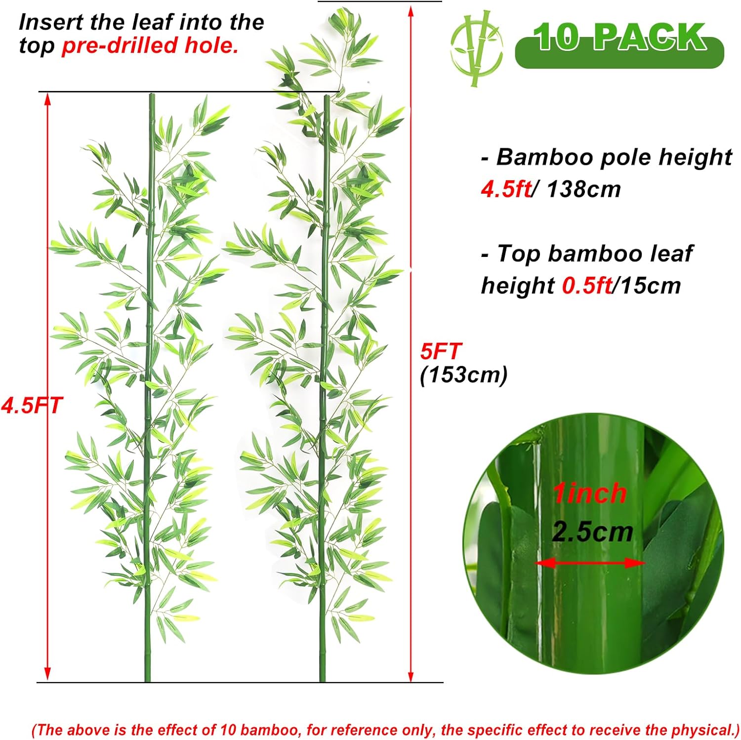 HOUSESET 4/5/6ft Artificial Bamboo Tree 10 Pack, Fake Bamboo Plant with Encrypted Silk Leaves for Garden Yard Indoor Outdoor Decor, Privacy Waterproof Faux Plants (5ft/153cm) - Image 2