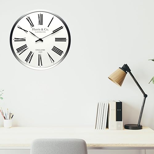 Miniatura 3 de HARRIS & CO. CLOCKMASTERS Reloj de pared de lujo premium de 13 pulgadas, diseño romano, marco de metal y vidrio curvo, (tecnología silenciosa