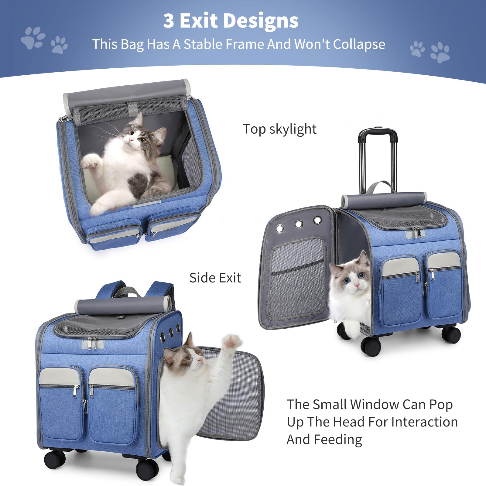 PETCUTE Katzenrucksack Hunderucksack mit Trolley 2 in 1 bis 11 kg,Faltbarer Hundetrolley mit 4 Rädern,Herausnehmbarer Matte,Multifunktionaler,Atmungsaktive Haustier-Reisetrage für Katzen und Welpen