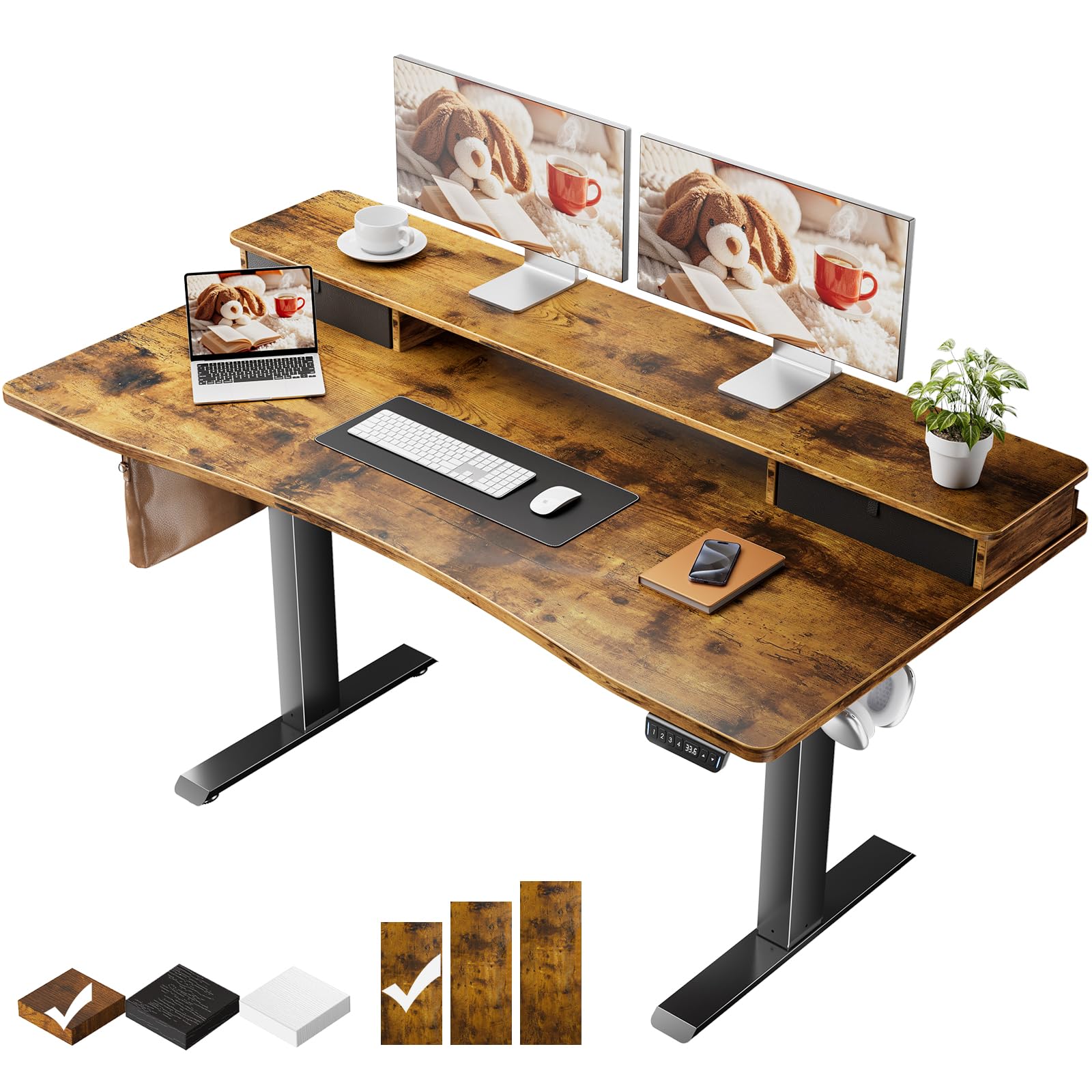 Photo 1 of Veken 55"×27.6" Ergonomic Standing Desk with Drawers, Adjustable Height Home Office Desk with Monitor Riser, Computer Table for Work, Study, Gaming, Reading, Brown