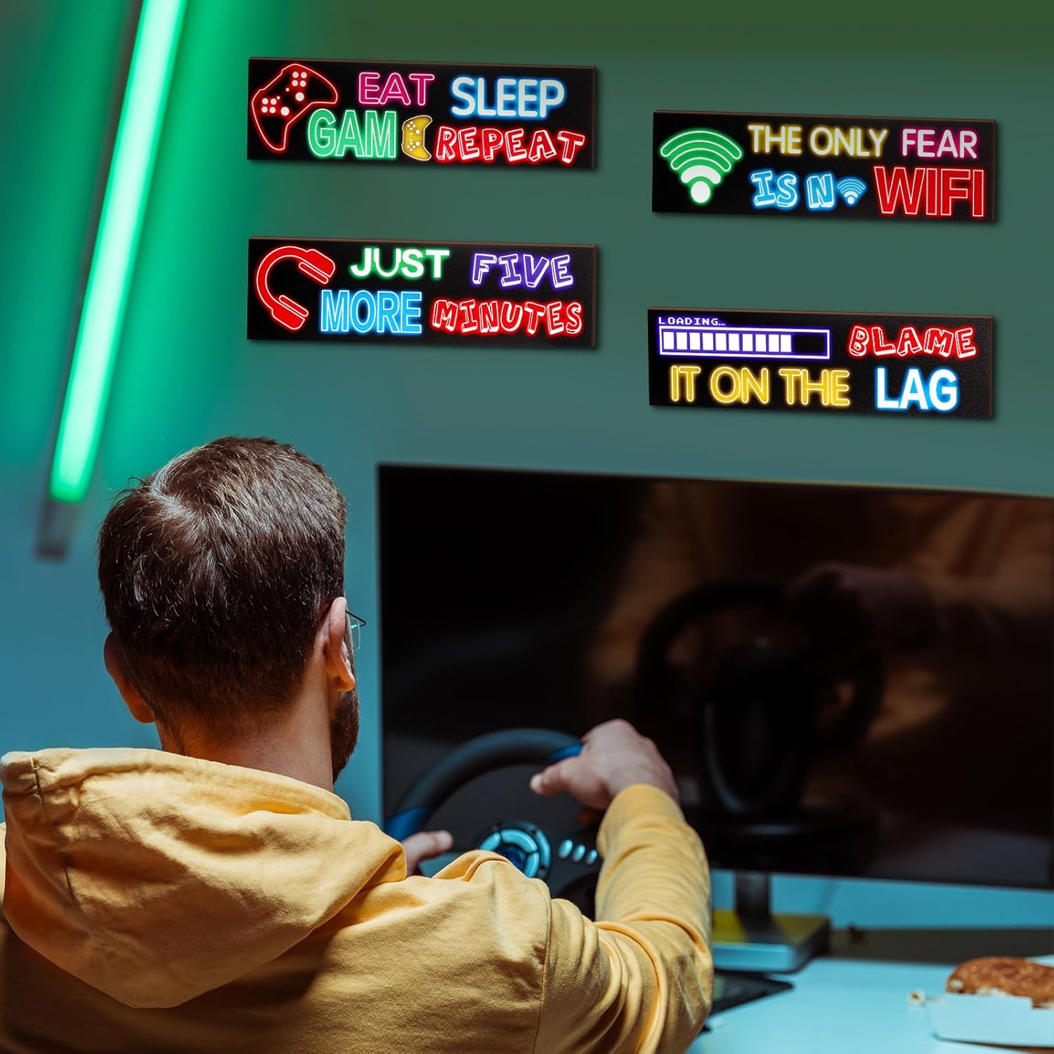 Queekay 4 Pcs Gaming Decor for Teen Boys Room Neon Video Game Posters Wooden Gamer Wall Art Prints for Bedroom Kids Boys Room Playroom Home Decorations Christmas Gift, 8 x 3 Inch(Neon Color) - Image 7