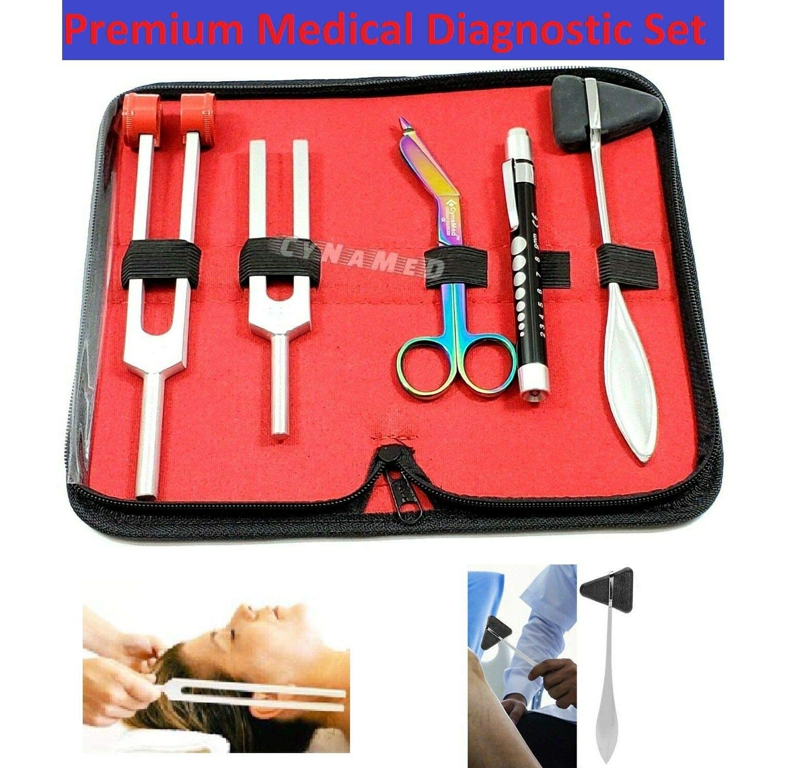 Premium Student Diagnostic Kit- Reflex Hammer & Tuning Fork Set C 128 And C 512 + Wartenberg Pinwheel Premium Steel Bandage Scissor 7.5” (Set Of 5 Rainbow Scissors Reusable Penlight)