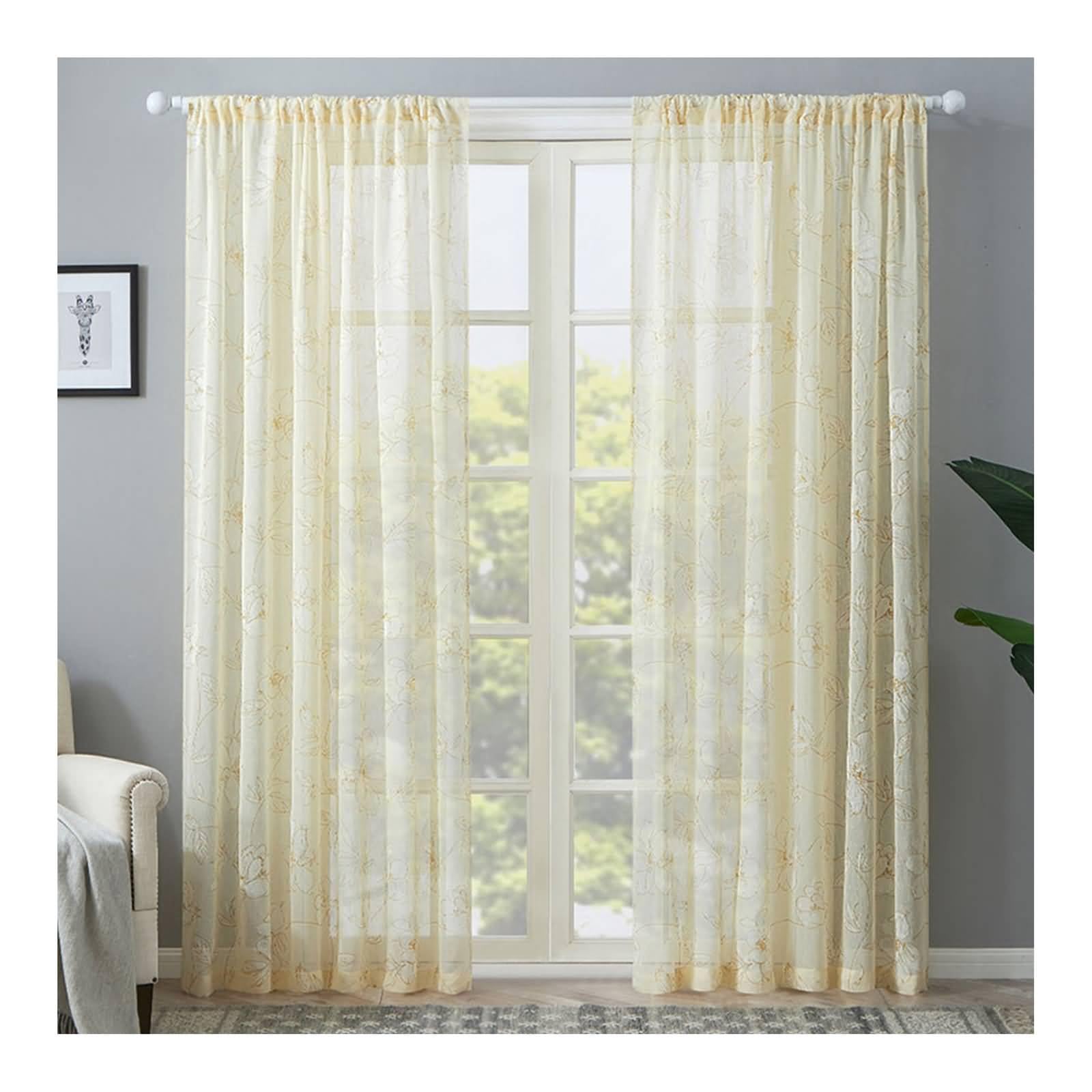 Durchsichtiger Vorhang Beige, Baumwolle Leinen Blume Zweig Muster halbtransparent dekorative Schiere Vorhang, Beige, H244 x B132 cm