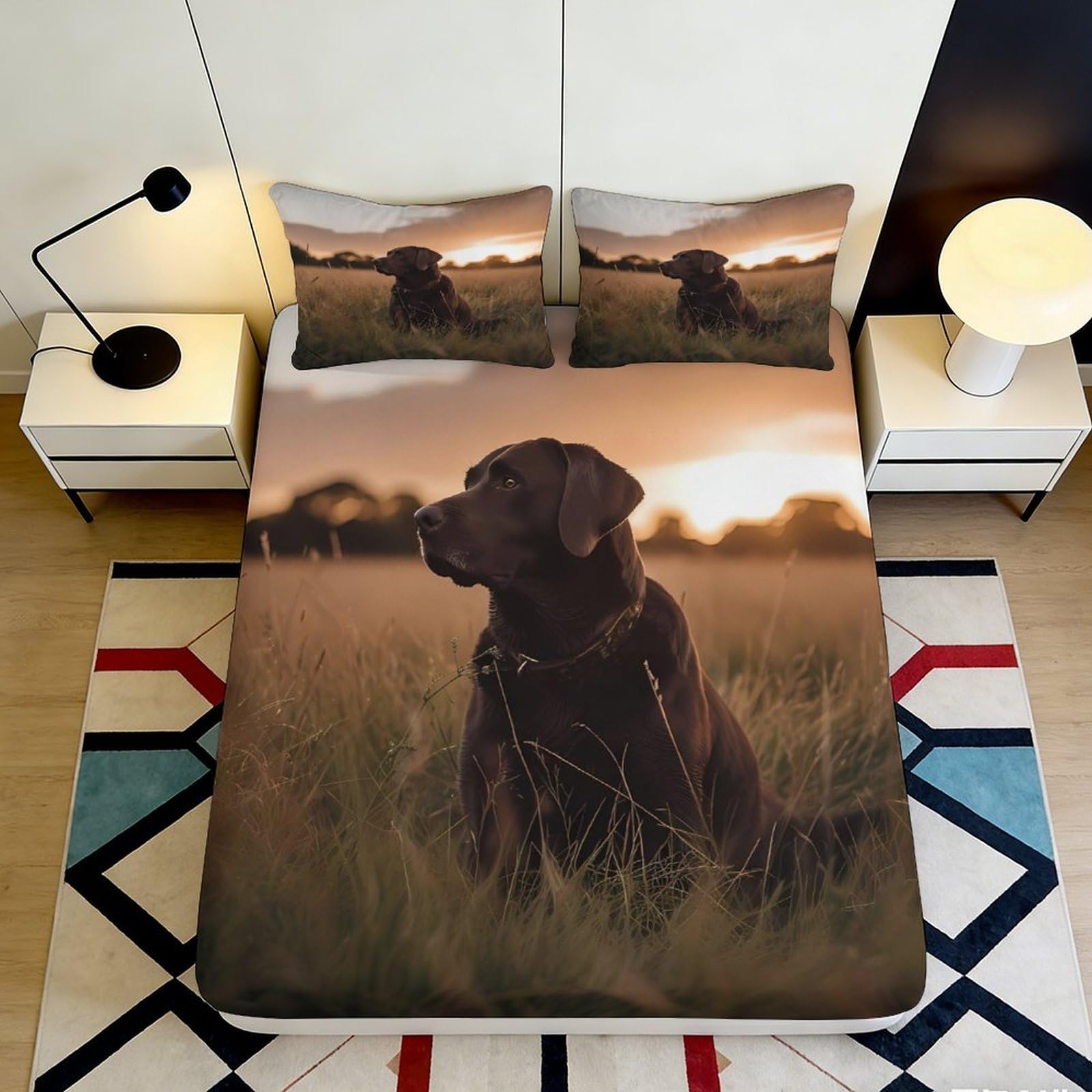 3D Printed Sunset Labrador Fitted Sheet Microfiber Brown Dog Mattress Cover Anti-Slip Machine Washable for Bedroom Guest Room Decor 90x200x25cm