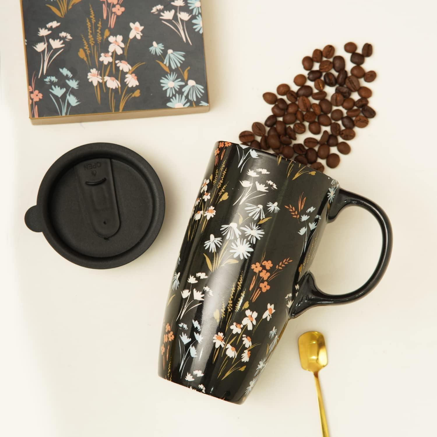 DUSVALLY Ceramic Coffee Mug Travel Cup with Lid and Handle, Reusable 17 Oz Ceramic Latte Teacup in Color Box, Suitable for Car Cup Holder, Black Flower - Image 5