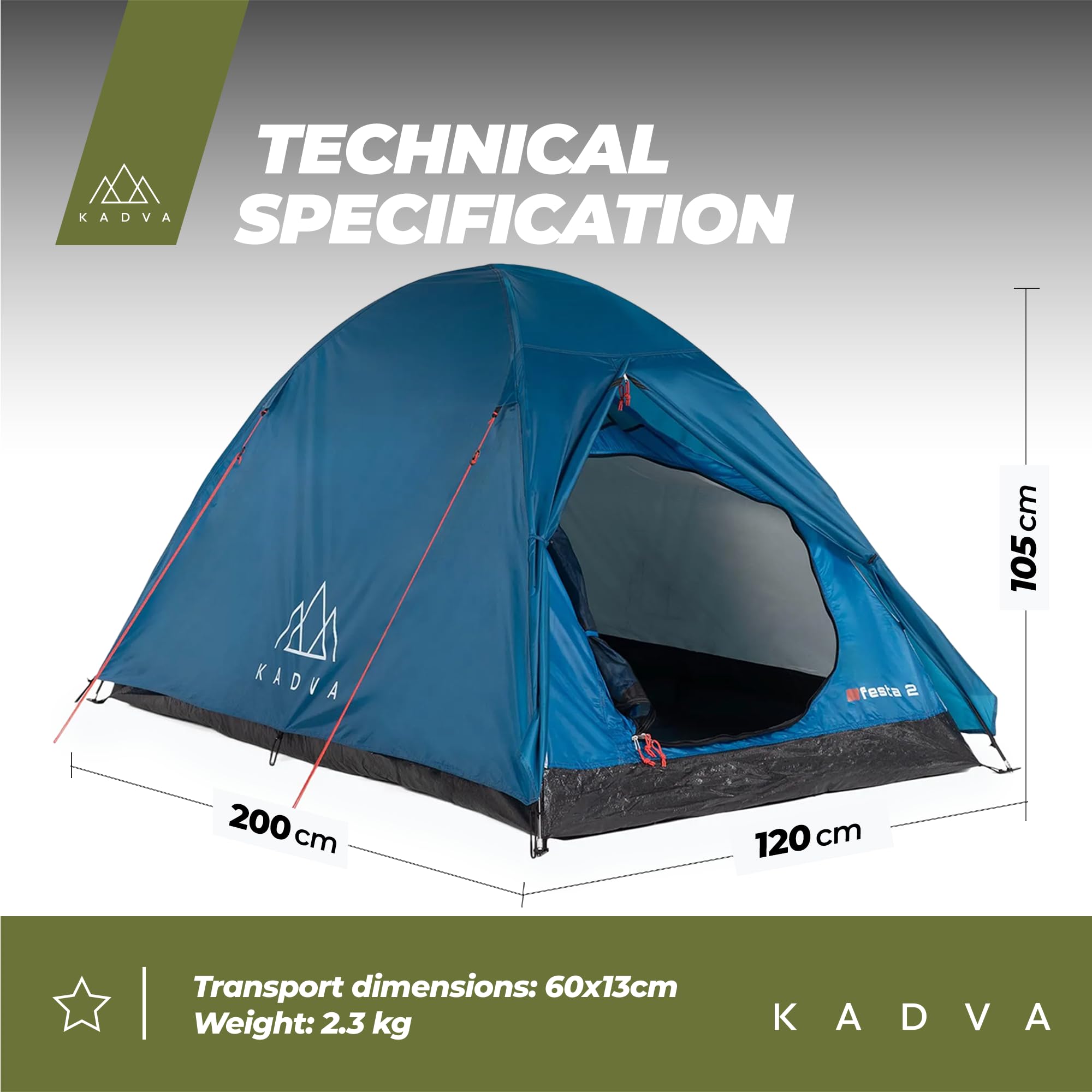 KADVA Campingzelt Festa 2 Zelt 200 x 120 x 105 cm für 2 Personen mit Moskitonetz Wasserdichtes Leichtes und Robustes Fiberglasgestell Ideal für Camping und Wandern