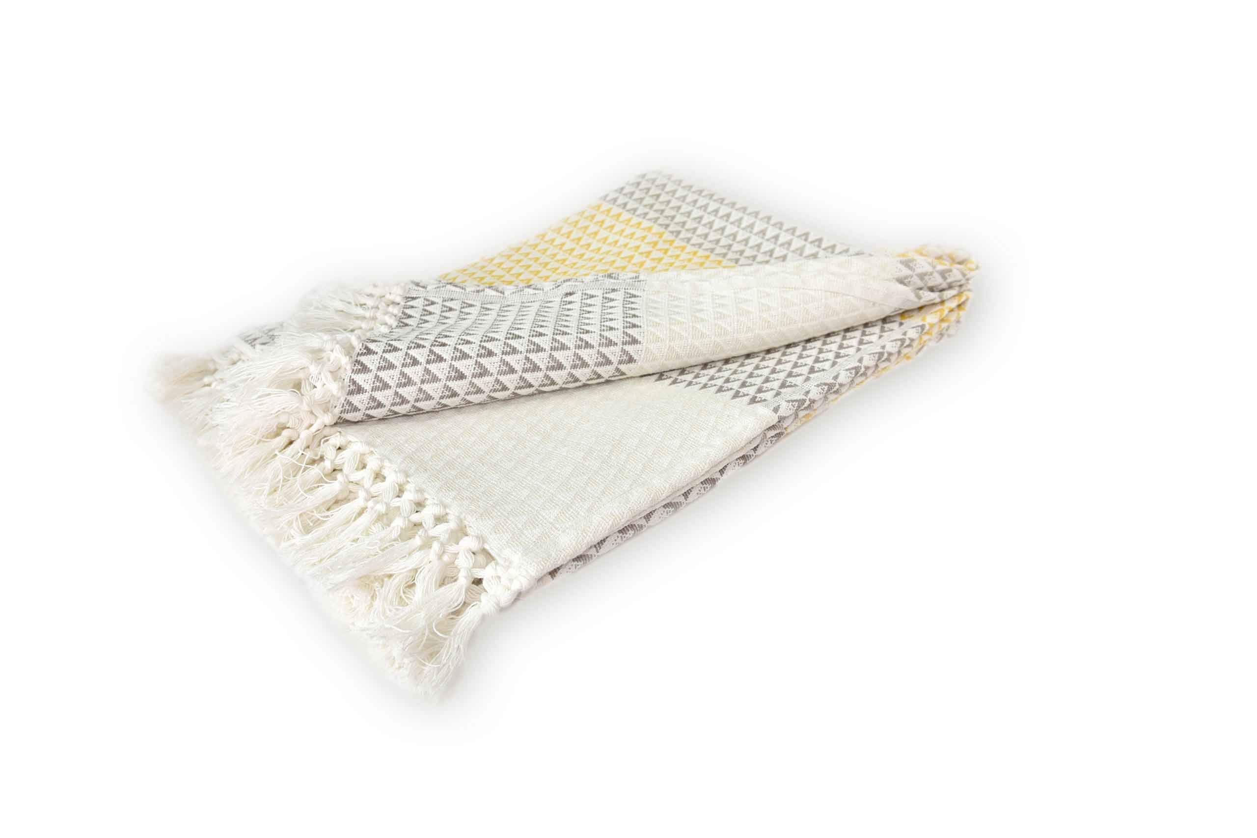 Plaid Dana, 150x200 cm, Blanco Marrón Amarillo, Estampados, Boho, Algodón, Manta Suave, Manta de Sofá, Colcha de Picnic