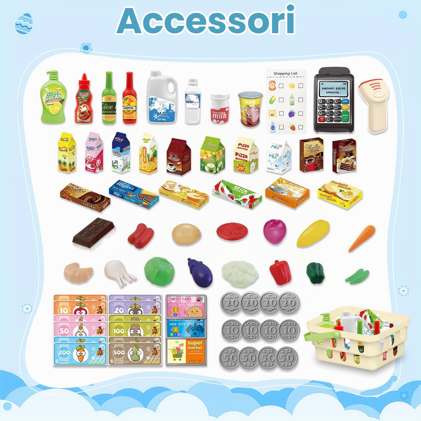 RedCrab Carrello Spesa Giocattolo con Scanner, 74 Pcs Accessori per Negozi: Calcolatrice, Carte di Credito, Frutta e Cibo, Gioco di Ruolo Giocattolo per Ragazzi e Ragazze 3+ Anni (Blu)