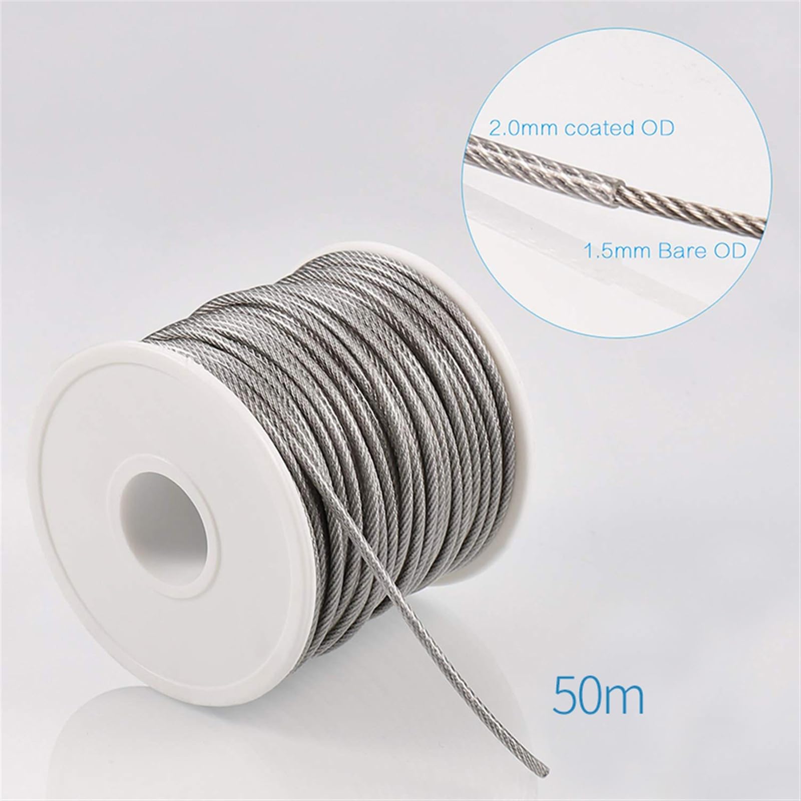 Cable Acero, Cable de Acero 56 unids/Set 50 Metros de Acero Recubierto de PVC Cuerda de Alambre Flexible Cuerda de Alambre Suave Transparente de Acero Inoxidable tendedero diámetro 2mm Kit