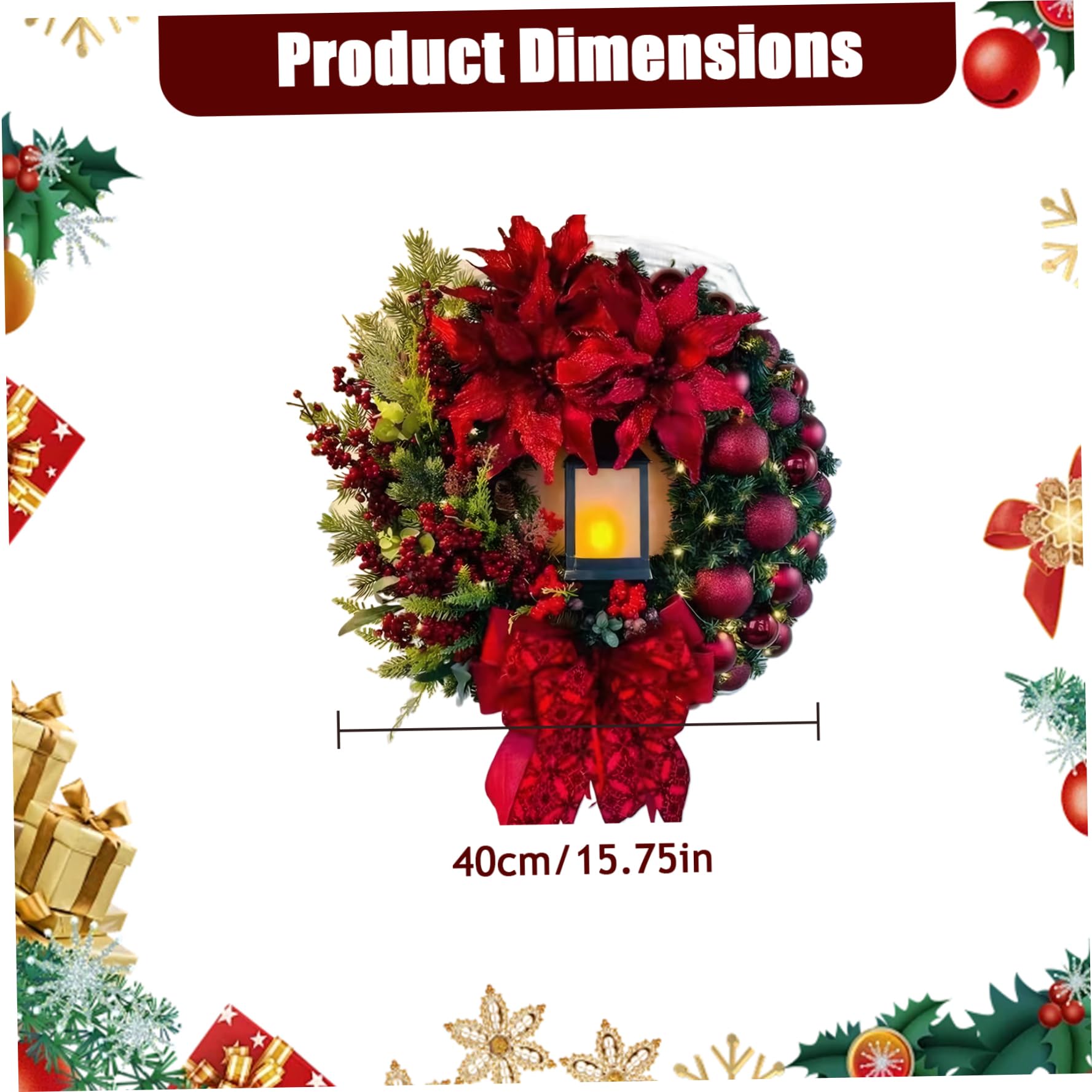 16 Coronas navideñas para Puerta de Entrada con luz y Lazo - Corona de Puerta roja Artificial para decoración Interior y Exterior - Navidad