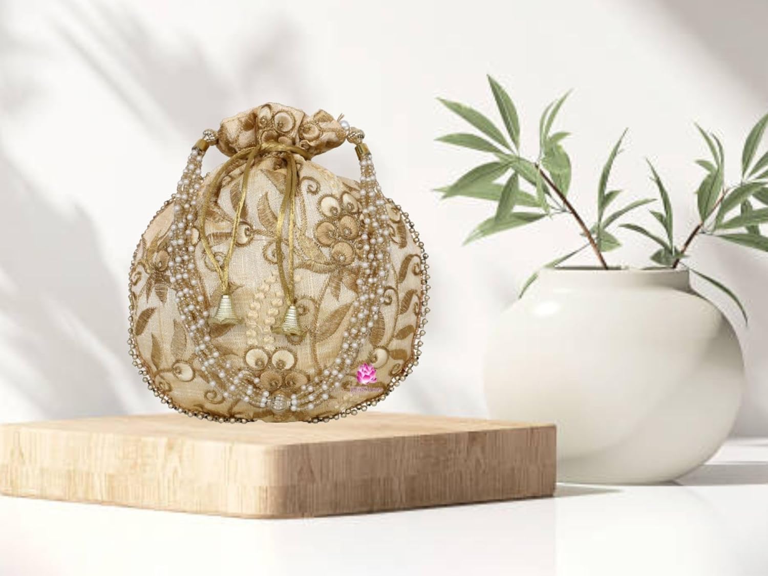 Potli Bag for Women Ethnic Gold, Pearl Handle Floral Accents, Drawstring Closure Pearls Handle Batwa Clutch Purse - Image 2