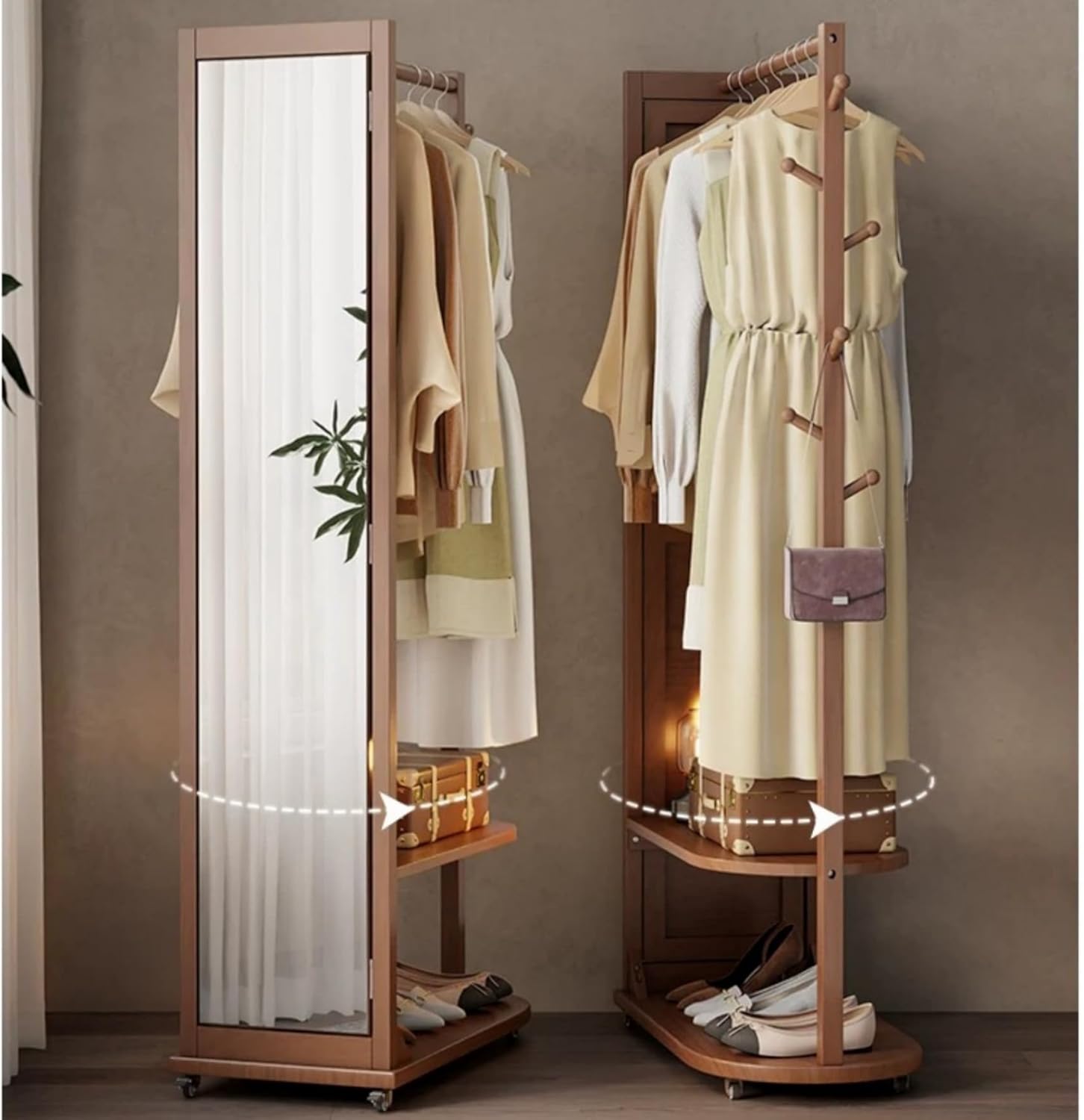 全身鏡 ハンガーラック付姿見 収納付ミラー 鏡 全身 姿見 360º回転