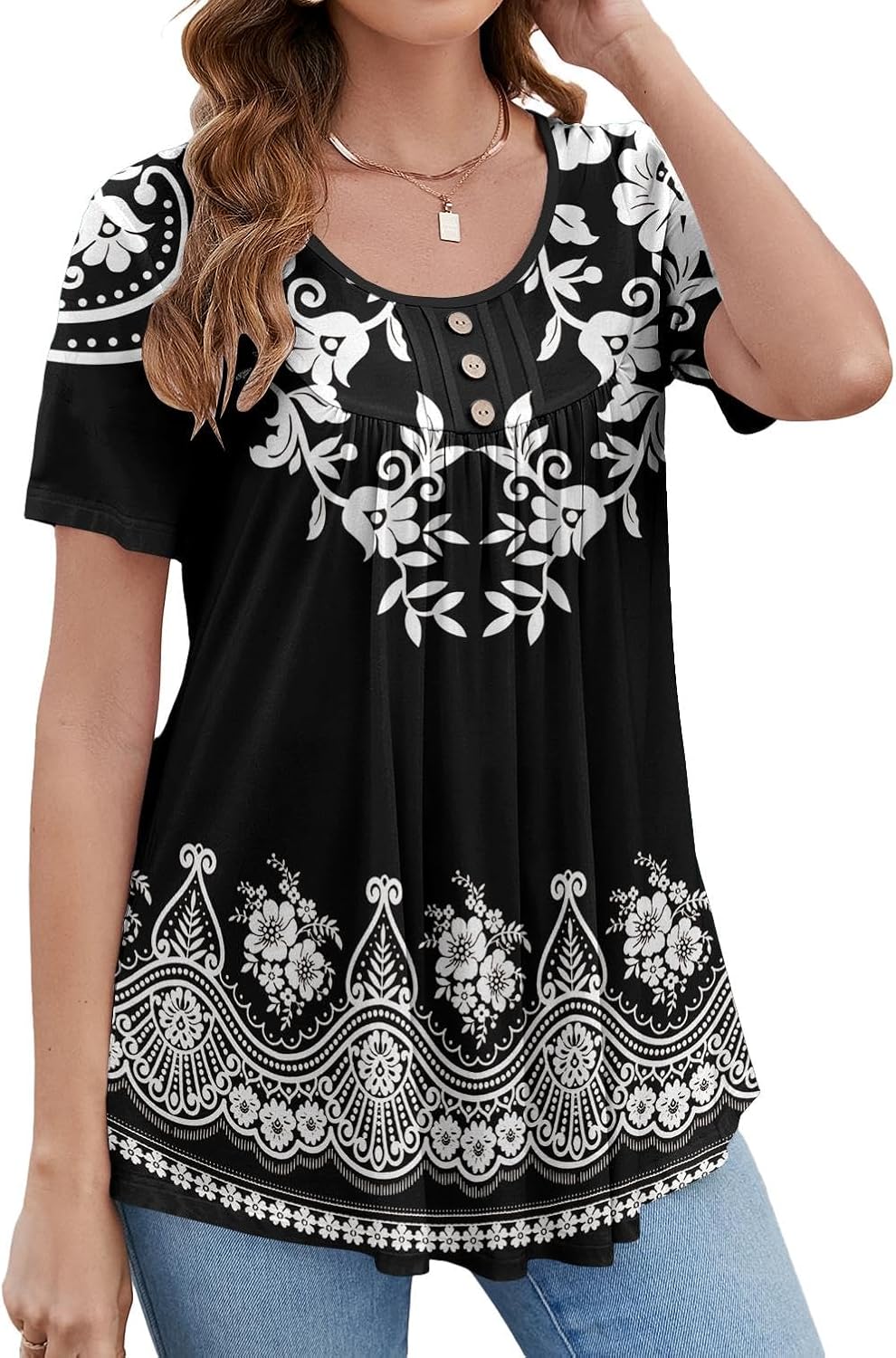 BeadChica Women's Tunic Tops For Leggings Short Sleeve Shirts Botton Up Casual Ruched Blouses Clothing Floral-M - Image 3