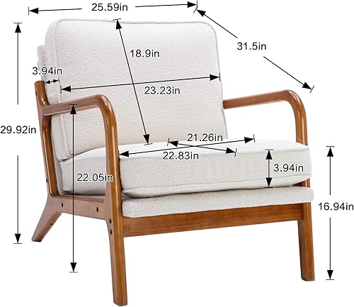 Miniatura 3 de Silla decorativa Mid-Century con marco de madera, silla tapizada con cojín suave para sala de estar, dormitorio, sala de espera, beige