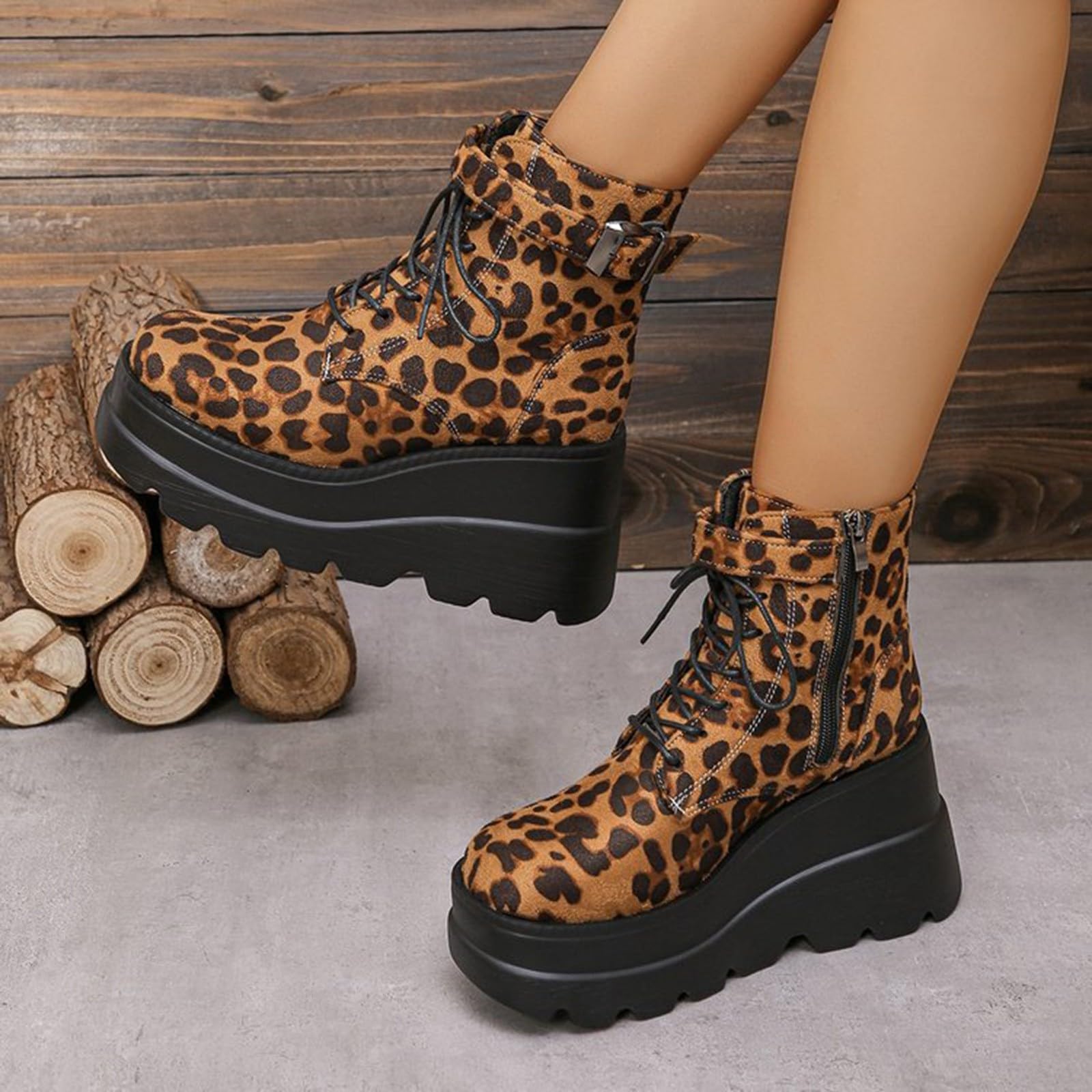 Botas de tobillo para mujer, para primavera, otoño e invierno, puntera redonda, estampado de leopardo grueso, a la moda, con cremallera lateral, para motocicleta, talla grande, informales, color