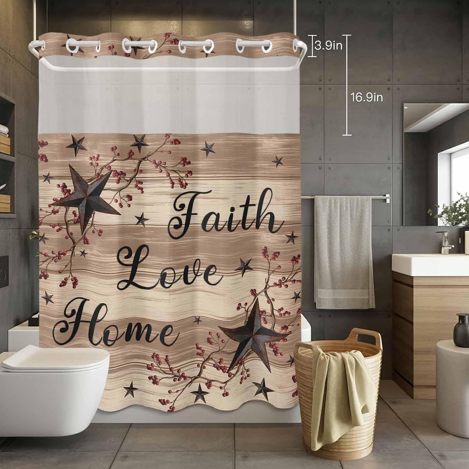 Retro Country Stars No Hook Shower Curtain with Snap in Liner, Faith Love Home Berries Farmhouse Brown Striped Waterproof Shower Curtains with See Through Top Window Liner for Bathroom 60x72 Inch