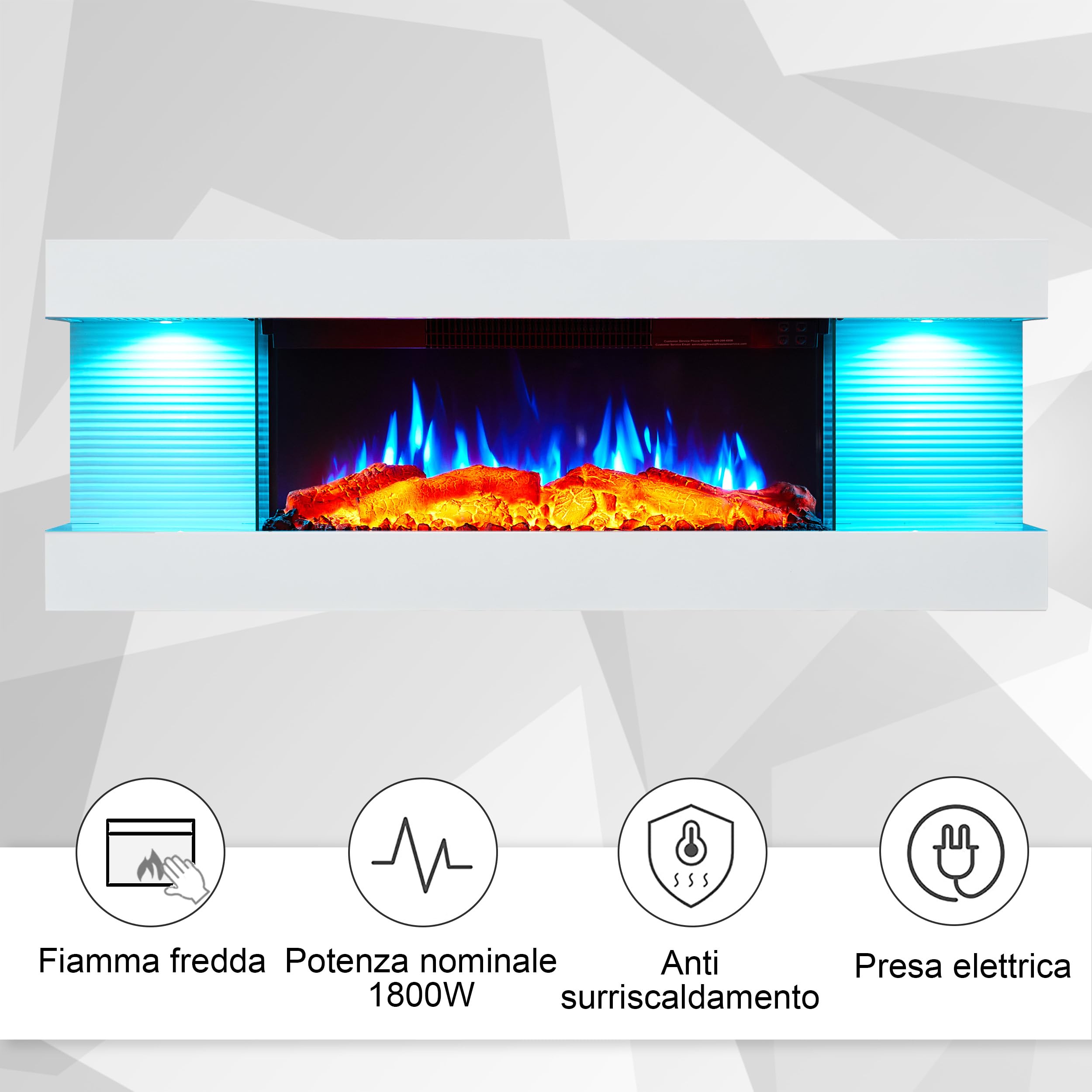 Balderia Camino Elettrico Lumina elettrico da parete con effetto fiamma 3D, riscaldamento 1000/2000 W, illuminazione a LED, camino con telecomando, timer, termostato, bianco