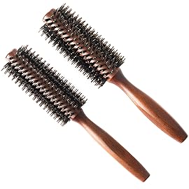 Boar Bristle Round Hair Brush Set with Nylon Pin, Wooden Handle for Straightening Curling Volumizing and Detangling (2 in 1)