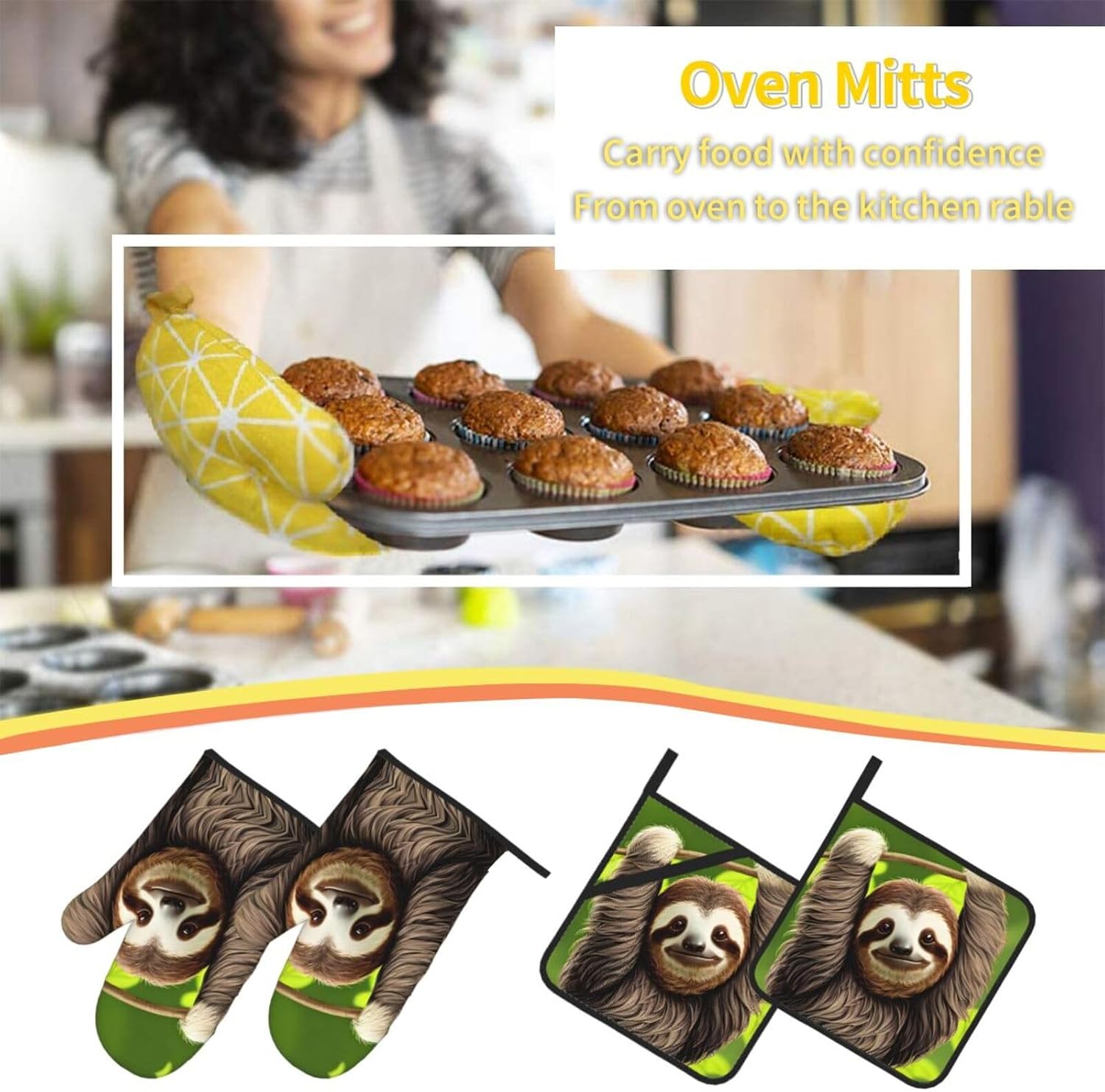 Cute Sloth Prints Kitchen Covers: Waterproof Oven Layers for Safe Cooking & Easy Cleanup - 4 Piece Heat Protection Set
