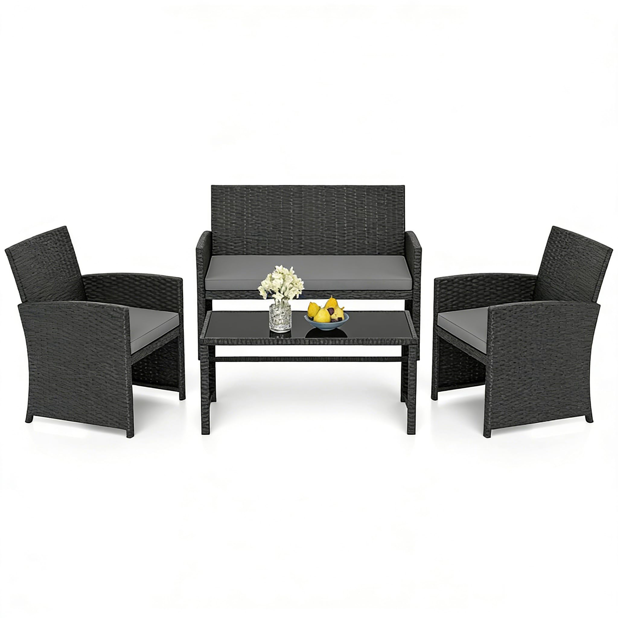 GIANTEX Conjunto de Muebles Ratán para Jardín, 4 Piezas, Sofá de 2 Plazas, 2 Sillones, Mesa de Centro con Tablero de Vidrio, para 4 Personas, Mesa y Sillas para Terraza, Patio (Negro+Gris)