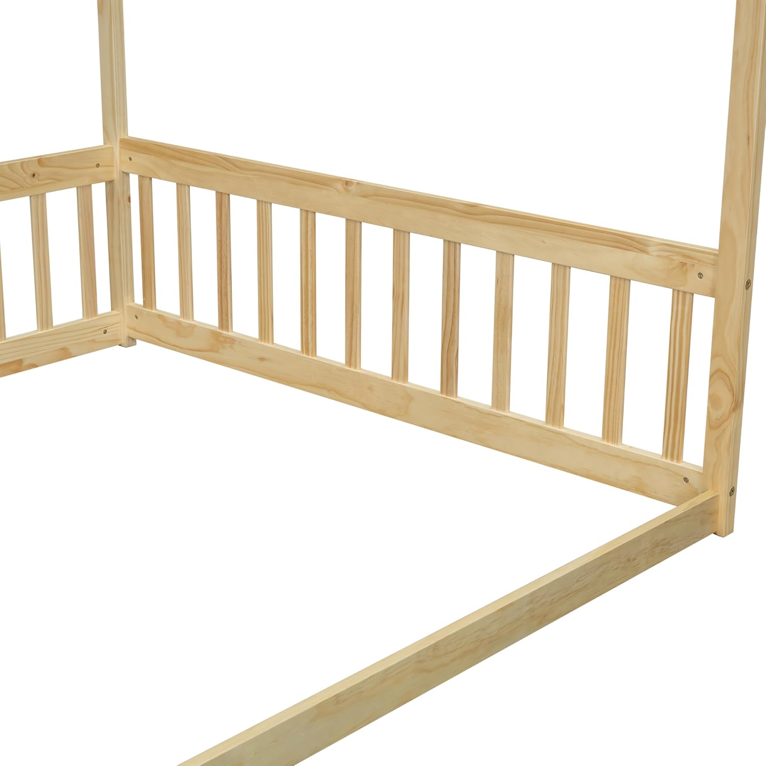 Full Size Canopy Bed Frame with Guardrails for Kids,Floor Bed Full with Four Poster Design,Kids Montessori Floor Bed,Wood Canopy Bed Frame for Girls,Boys(Full,Natural)