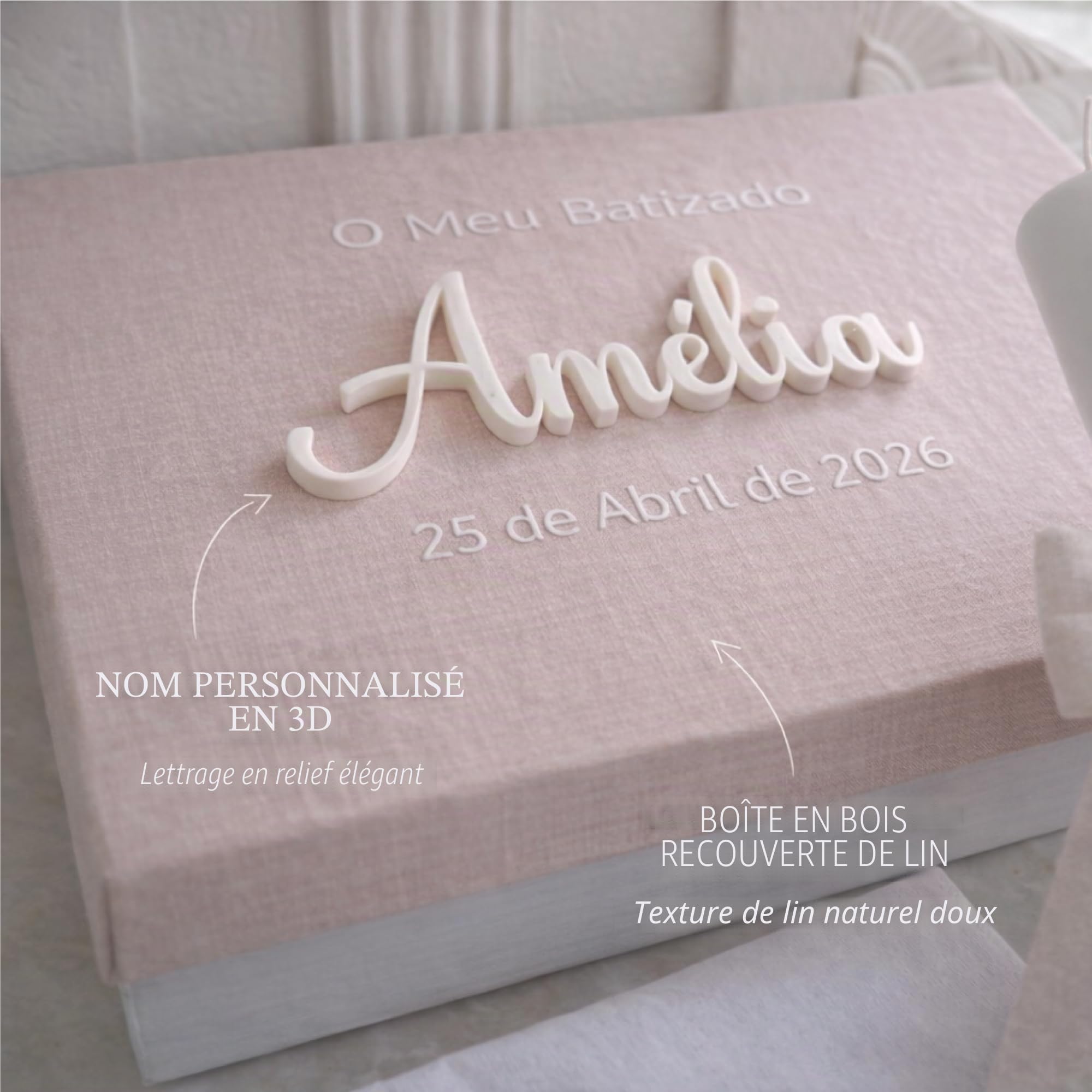 Kit de Baptême Personnalisé Bébé – Coffret Baptême avec Prénom et Date – Bougie, Serviette en Lin, Coquille Baptême – Cadeau Baptême Fille Garçon