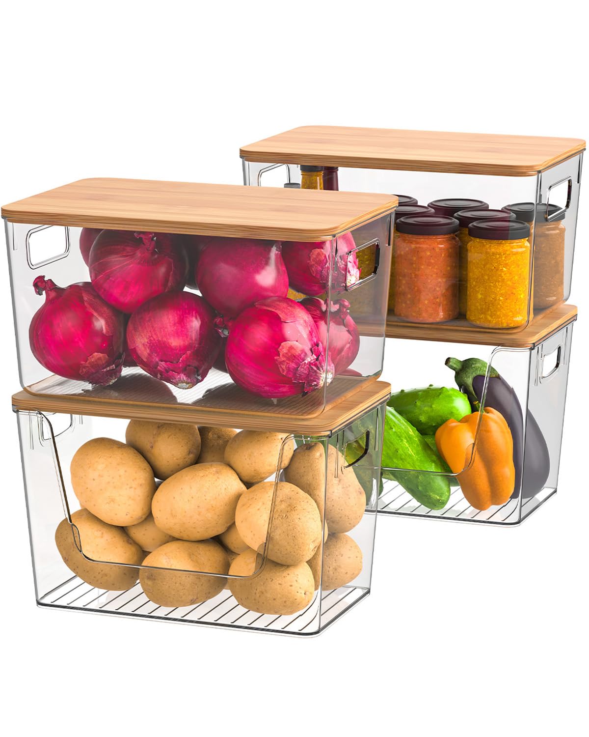 Pack of 4 Potato and Onion Storage, Stackable Pantry Organizers and Storage, Clear Fruit and Vegetable Storage with Bamboo Lid, For Produce Such as Potatoes, Onions, Fruit and Vegetable Storage