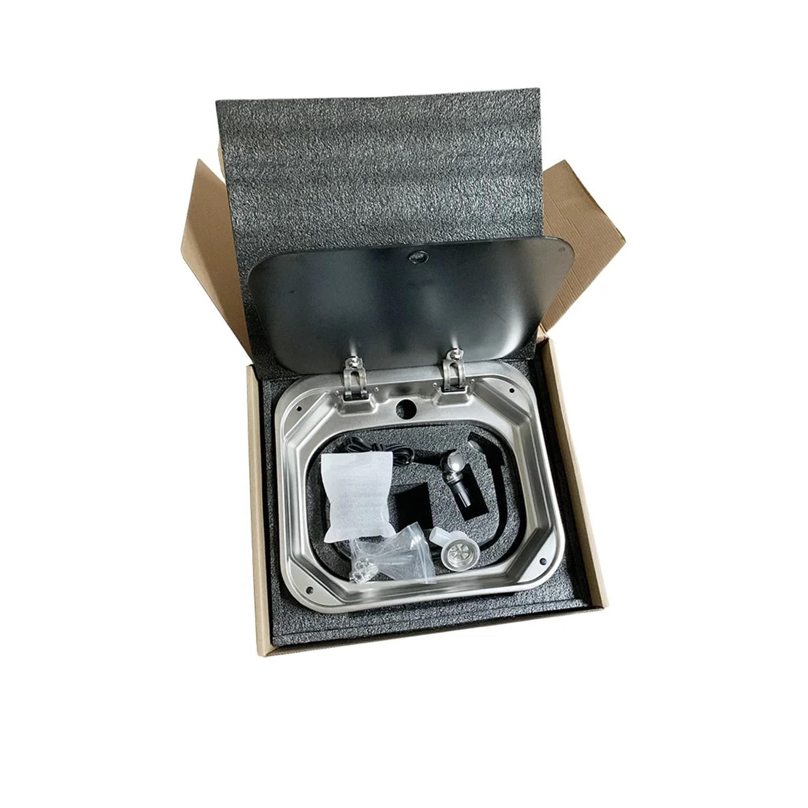 Umywalka wpuszczana w ścianę RV 304 ze stali nierdzewnej z pokrywą, zlew ze składanym kranem do kampera, przyczepy kempingowej, łodzi, kampera, baru(With Curved drain)